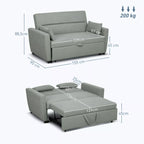 Infografika: pilkos sofos-lovos matmenys 155x80x88,5 cm ir lovos 120x195 cm, 200 kg apkrova