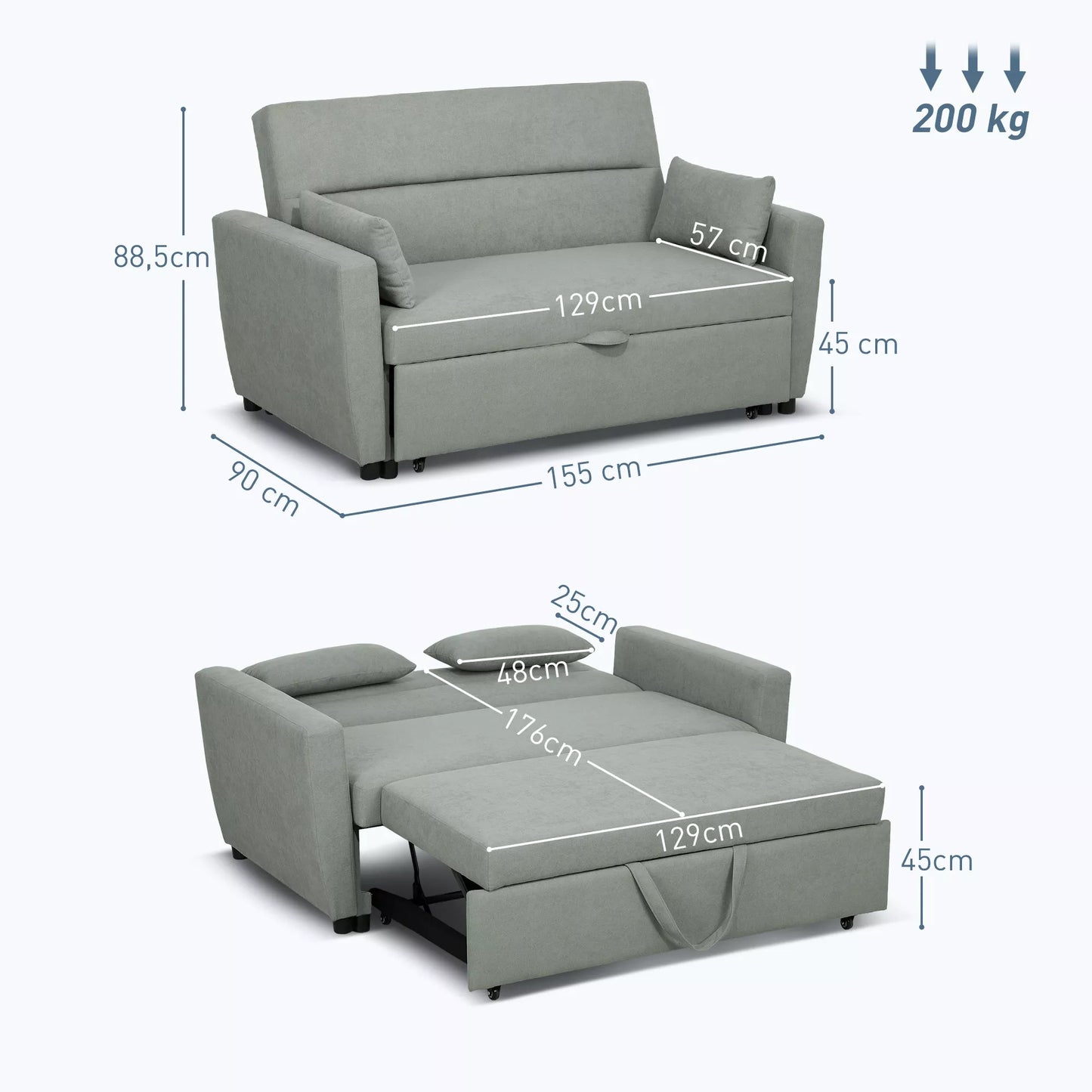 2 vietų sofa su miegojimo funkcija, reguliuojama atlošo atrama, minkštasuolis, aksomo išvaizda, svetainei, miegamajam, šviesiai pilka