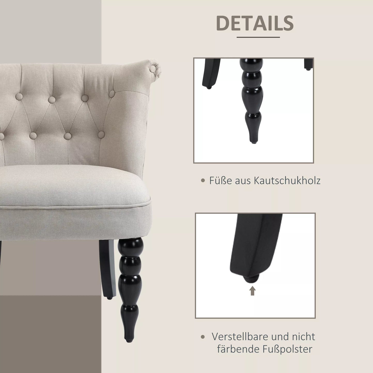 Vintažinis relaksacinis krėslas, poilsio krėslas, minkštas krėslas, valgomojo kėdė, lininis apmušalas, medinis rėmas, smėlio+juoda spalva 67 x 67 x 78 cm