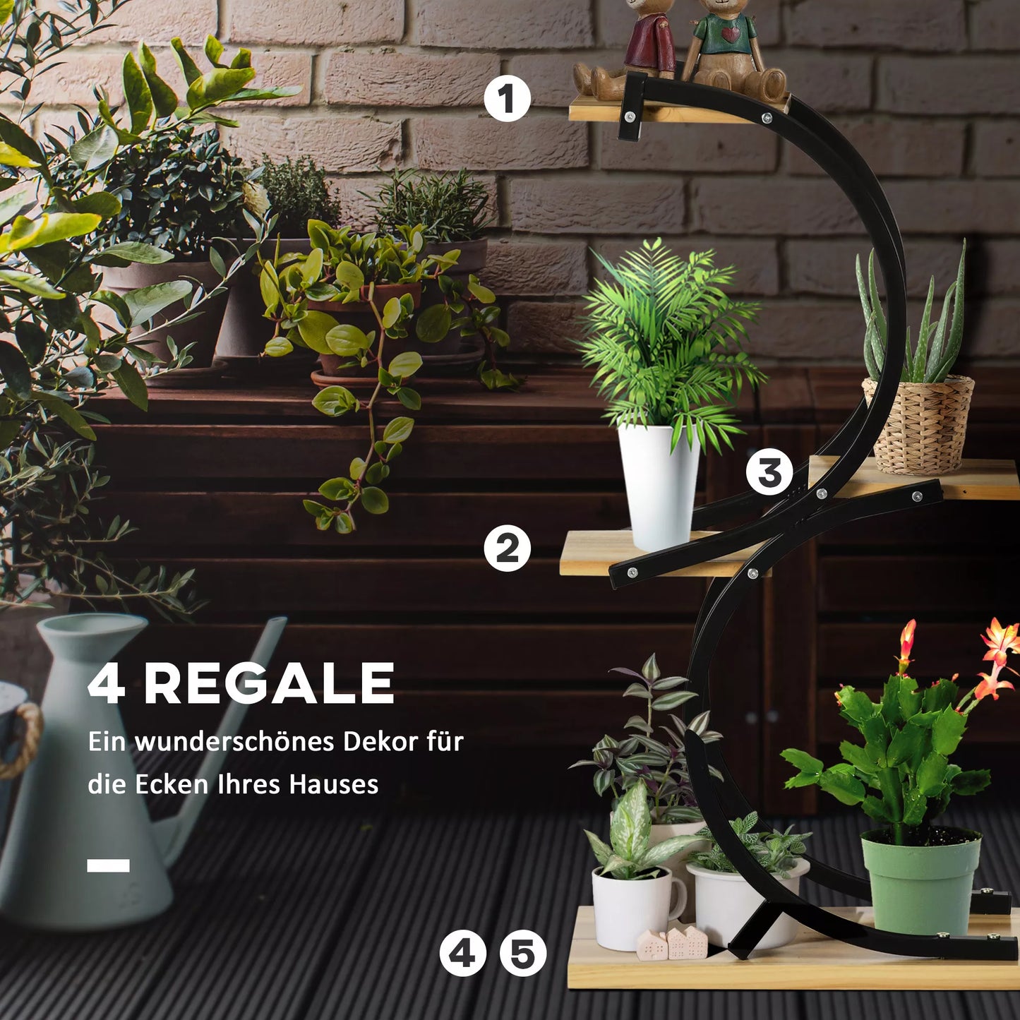 Augalų stovas su 4 lentynomis, masyvo mediena, atsparus oro sąlygoms, 46 cm x 25 cm x 91 cm, Juoda + Natūrali