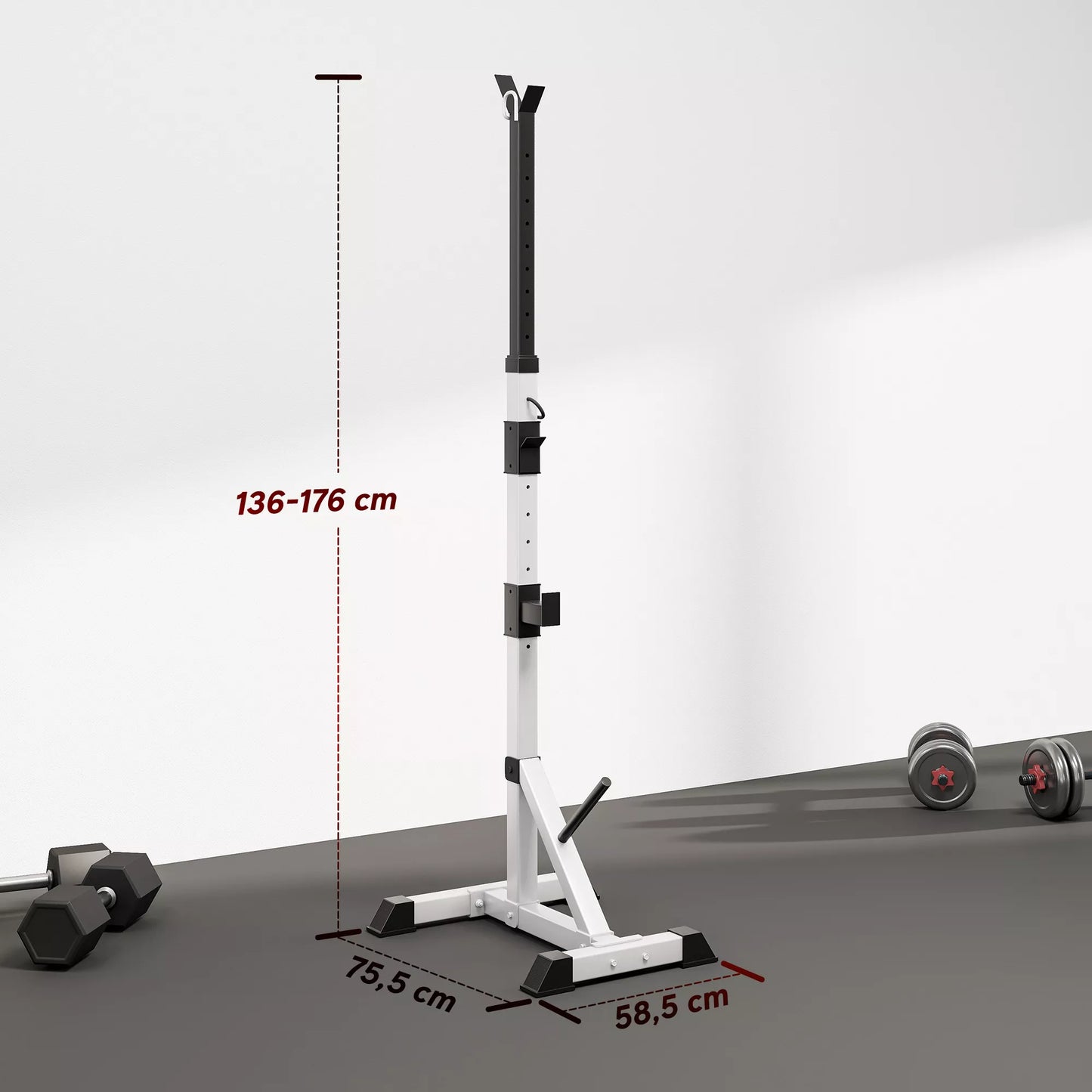 2 vnt. svarmenų stovas, 3 lygmenų, reguliuojamas aukštis, plieninė svarmenų lentyna, atlaiko iki 200 kg, sidabrinė+juoda