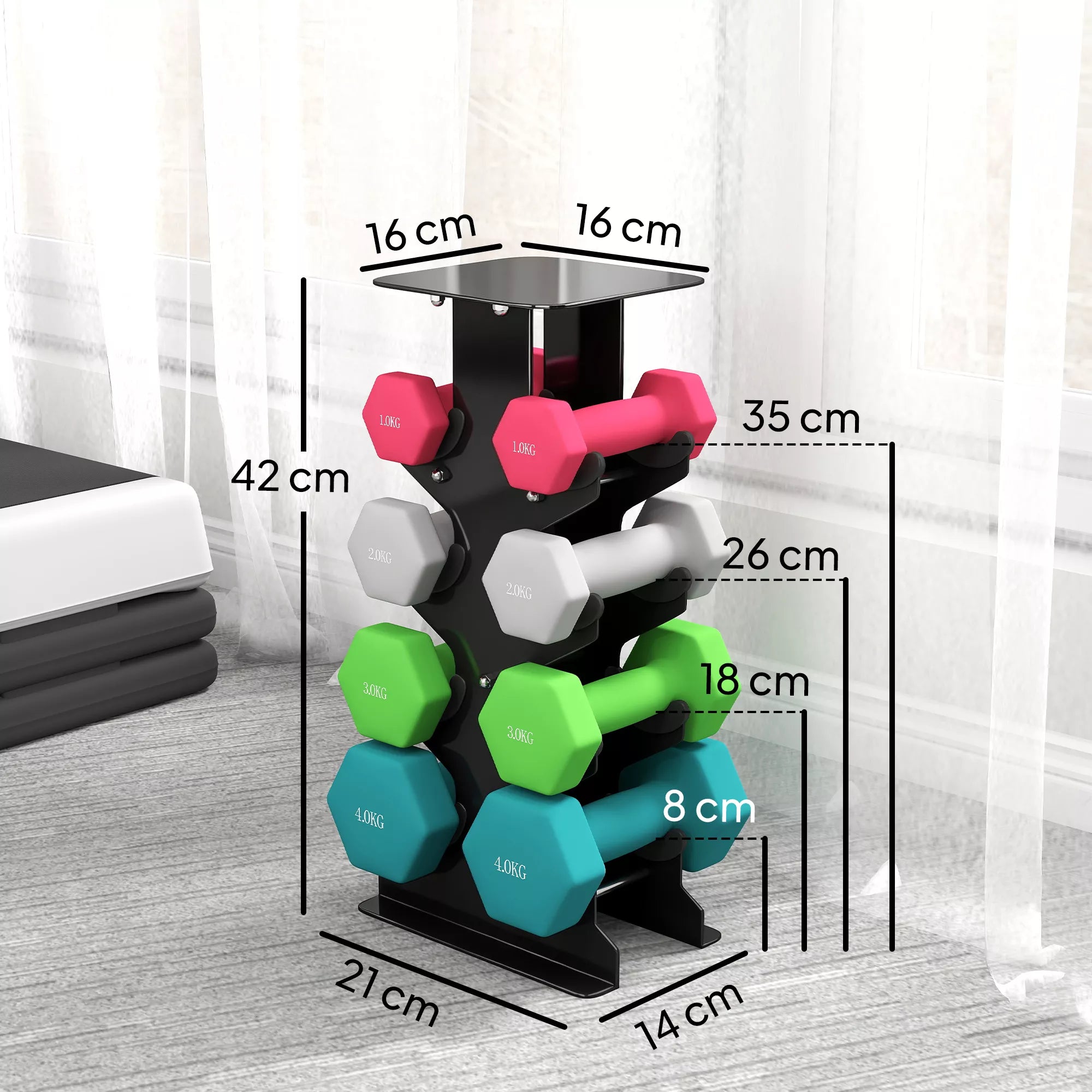 Hanteliai, 4 poros hantelių su laikymo stovu, neslystantis rankenos, 1–4 kg, šešiakampiai