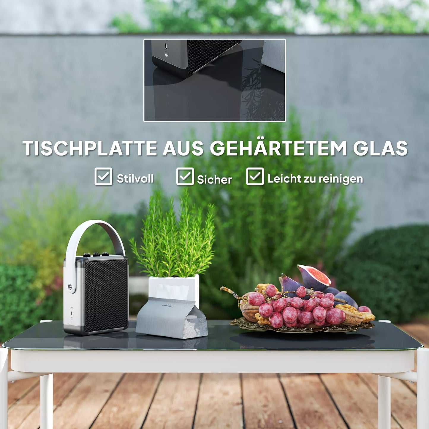 Lauko baldų komplektas iš polirangos, svetainės komplektas su 2 vietų sofa, foteliu, stikliniu staliuku, pagalvėlėmis, 4 žmonėms, ruda+pilka