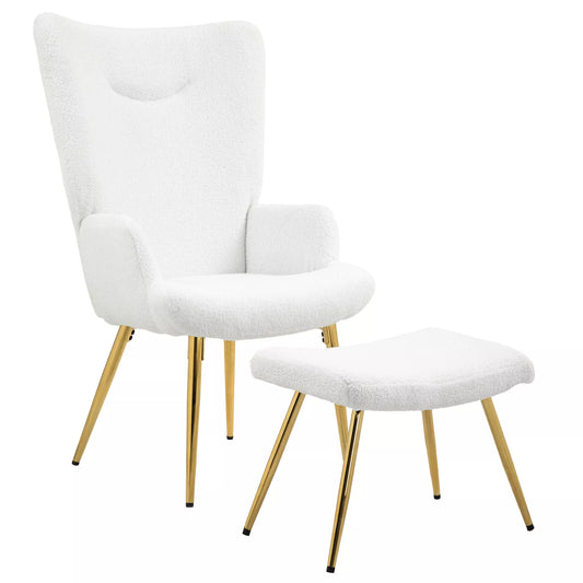 Krėslas su pakoja, aukštu atlošu, Šerpa apmušalu, paauksuotomis metalinėmis kojelėmis, iki 120 kg, baltas