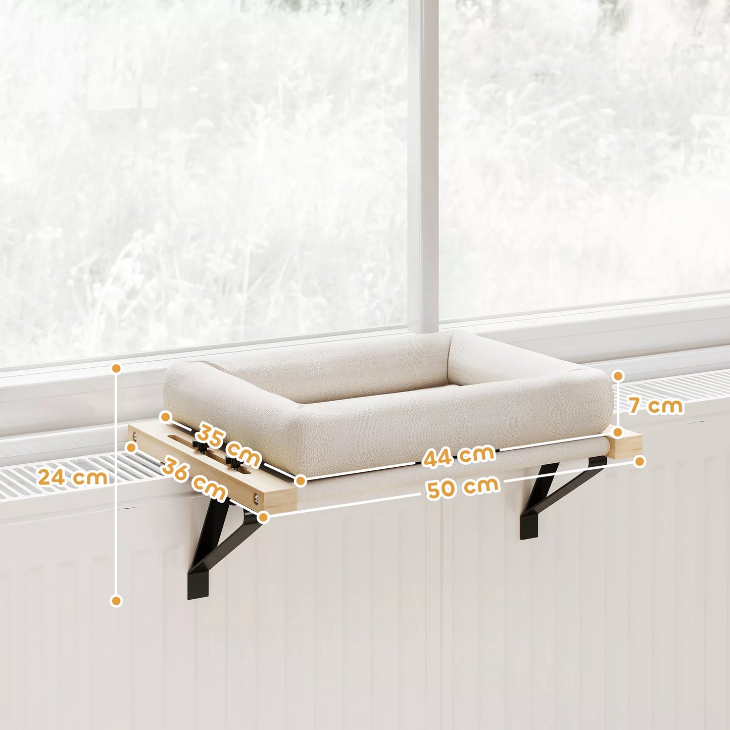 Kačių namelis su tvirtinimu ant palangių ir radiatorių, su pagalvėle, mediniu rėmu, baltas