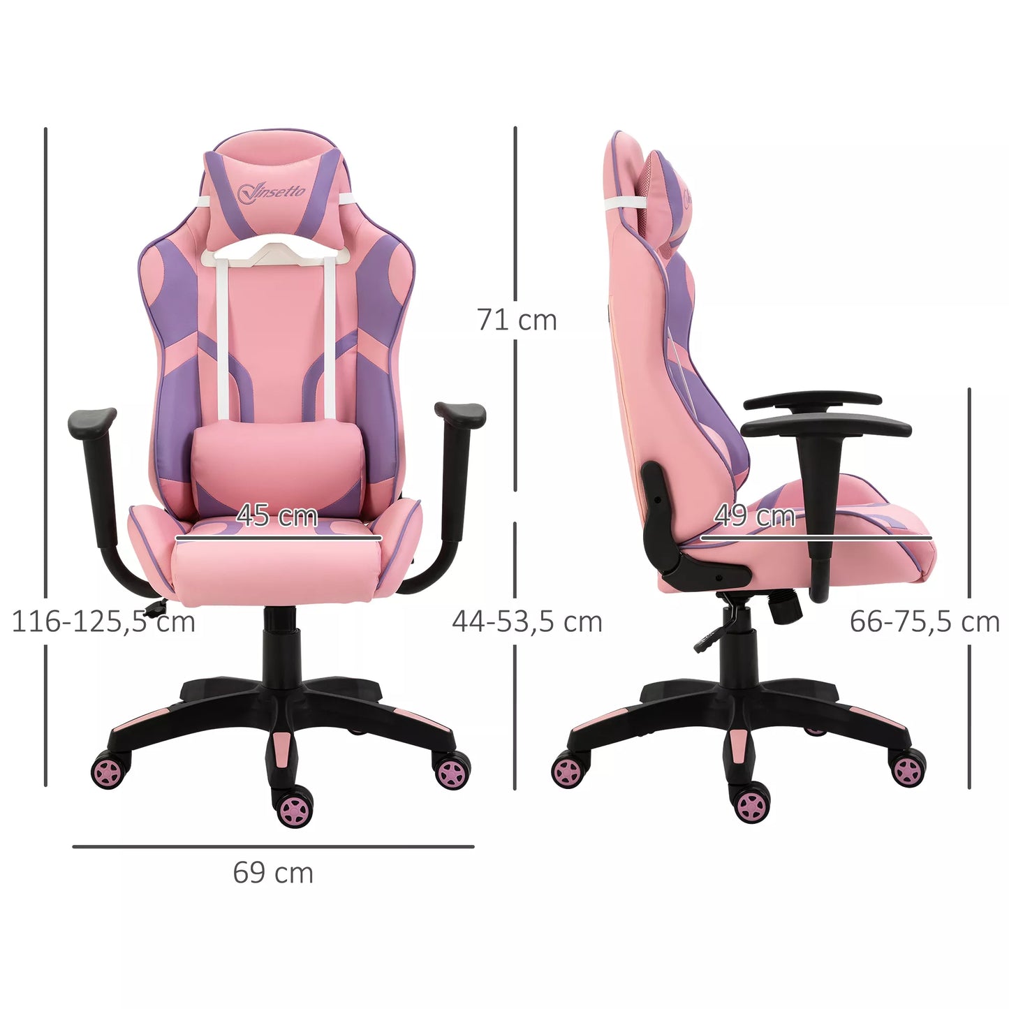 Ergonomiška žaidimų kėdė, biuro kėdė, sukamoji kėdė su reguliuojama masažine juosmens atrama, aukščio reguliavimo, rožinė ir violetinė, 69x56x125,5 cm