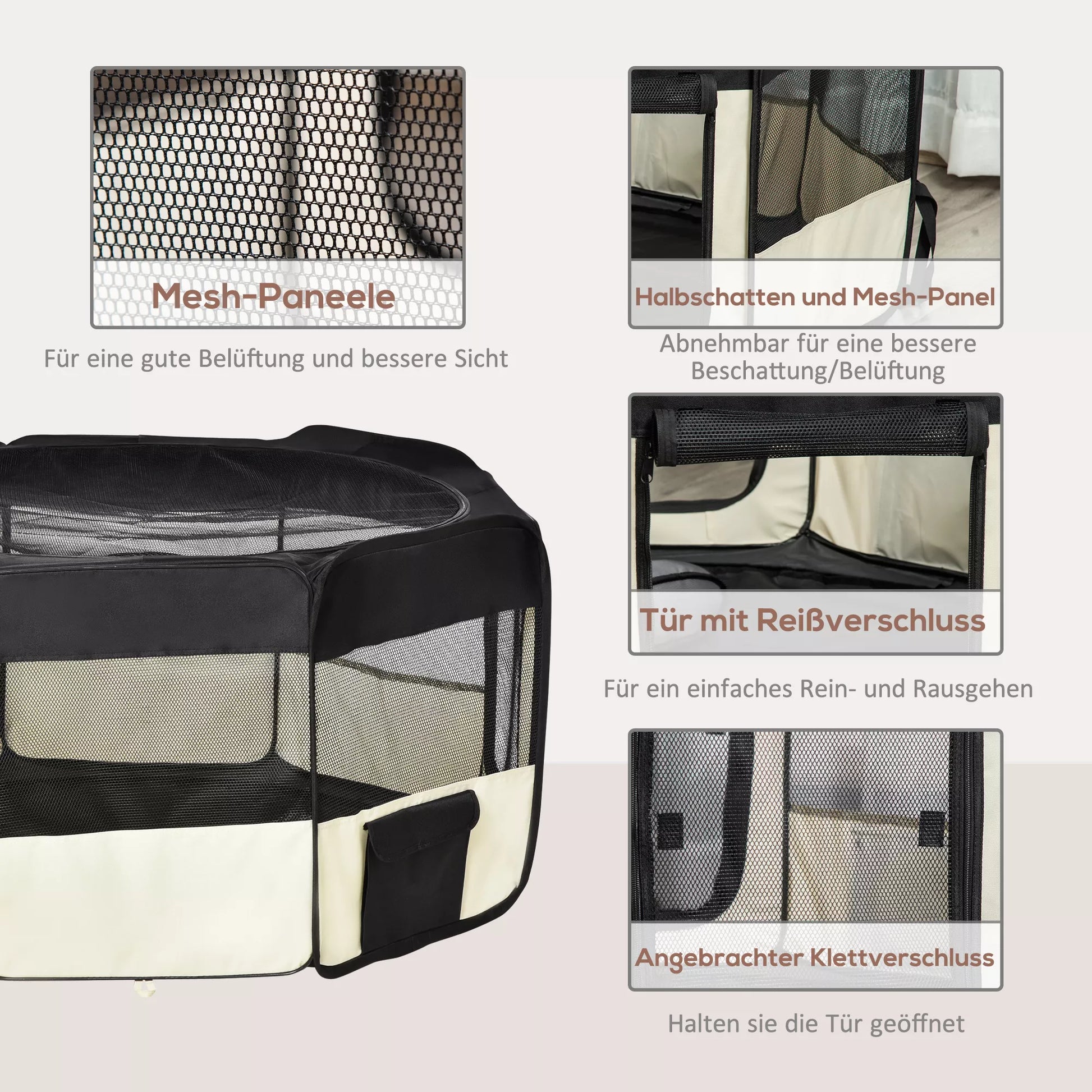 Sulkinys šuniukams, sulankstomas voljeras su tinklelio uždangalu, voljeras šunims, katėms, smulkiems gyvūnams, pralaidus orui tinklinis voljeras šunims, butui, Ø120 x 58H cm Juoda+Kremasbalta