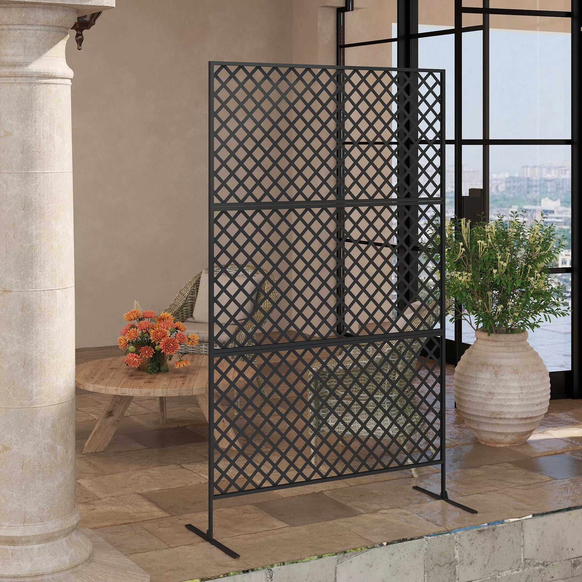 Lauko erdvės skirstytuvas, metalinis sieninis ekranas terasai, verandai, sodui, laisvai stovintis grotelės, plienas, juodas