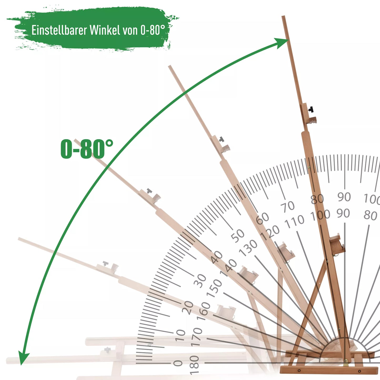 Studijos tipo dailės molbertas, reguliuojamas aukštis ir kampas, su laikymo lentyna, natūralaus buko medienos, 53 x 50,5 x 171-230 cm