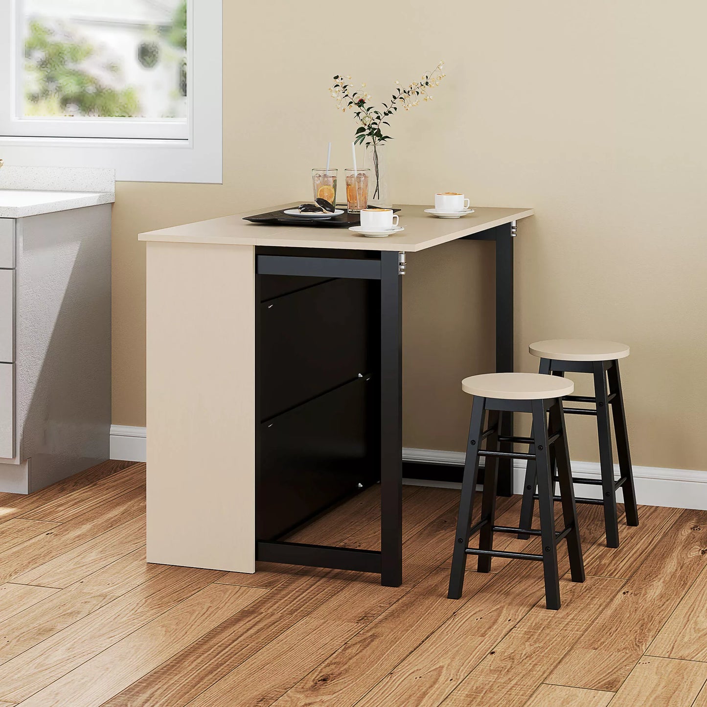 3 dalių baro komplektas, baro stalas su atlenkiamu stalviršiu, 2 baro kėdės, 6 daiktų laikymo dėžės, juodos spalvos + ąžuolo, 116 x 70 x 89,5 cm