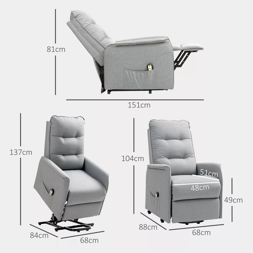 Krėslas su pakėlimo funkcija, recliner krėslas su pagalba atsistojant, elektrinis relaksacinis krėslas su nuotolinio valdymo pulteliu, šonine kišenė, pilkas