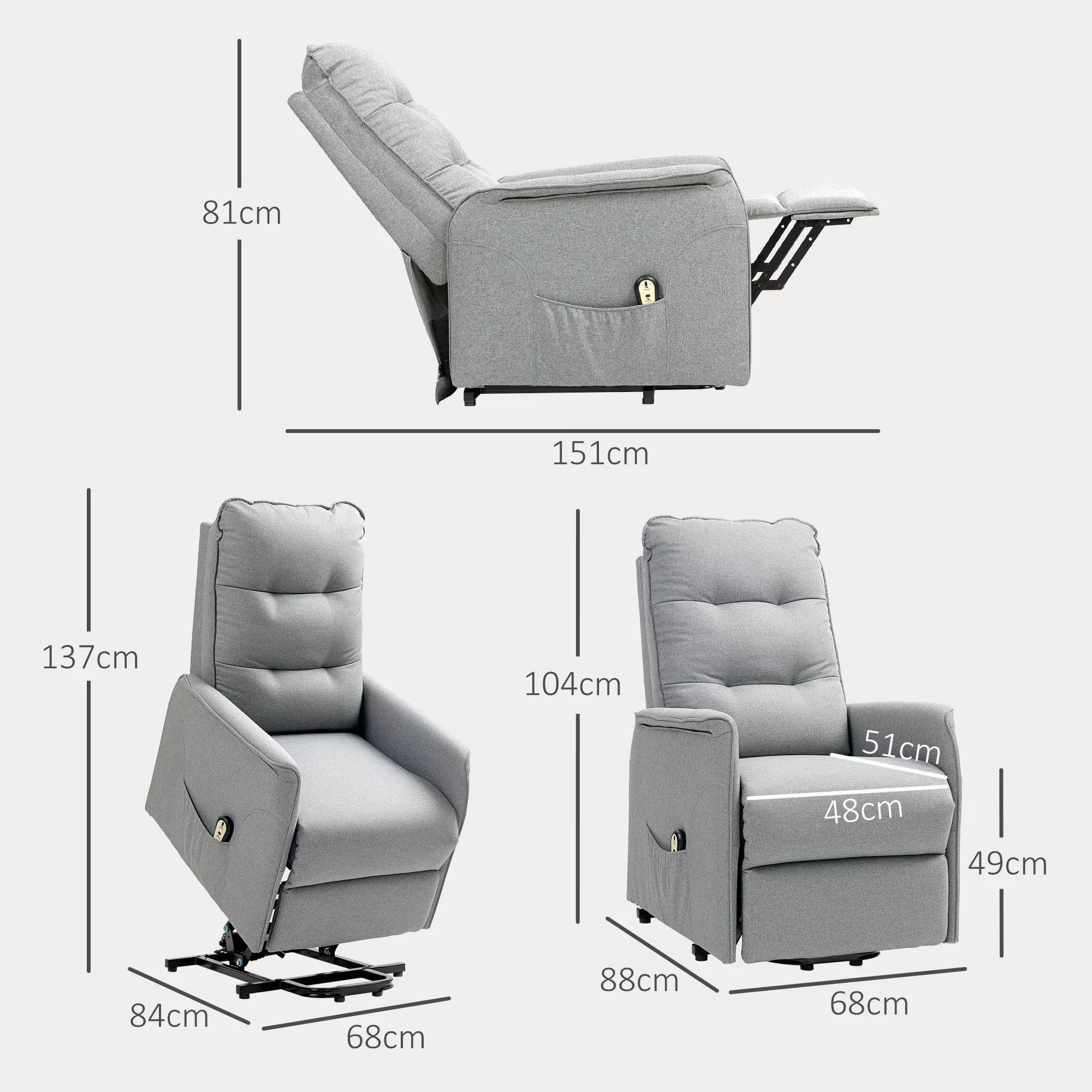 Krėslas su pakėlimo funkcija, recliner krėslas su pagalba atsistojant, elektrinis relaksacinis krėslas su nuotolinio valdymo pulteliu, šonine kišenė, pilkas