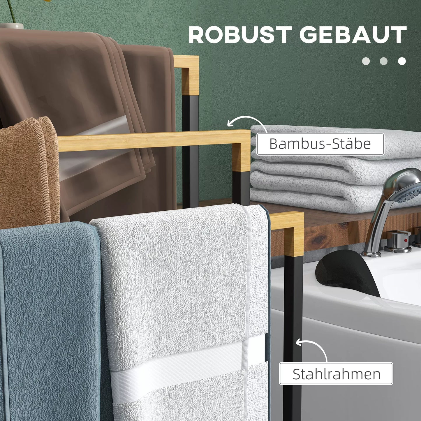 Rankšluosčių laikiklių rinkinys 3 rankšluosčių laikikliai, pramoninio dizaino, bambuko, 45 x 22,5 x 86 cm, juoda + natūrali spalva