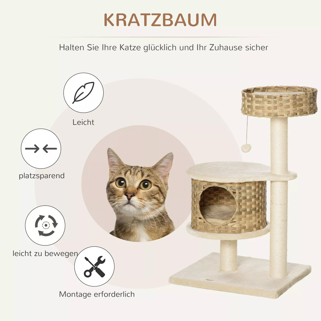 Kratzbaum Rattan 95 cm aukščio 3 pakopų kačių medis su platforma, kačių lovele, laipiojimo medis su kačių urvu, sizalio kamienais, žaisliniais kamuoliais, kačių baldais, sizalio natūralia + smėlio spalva