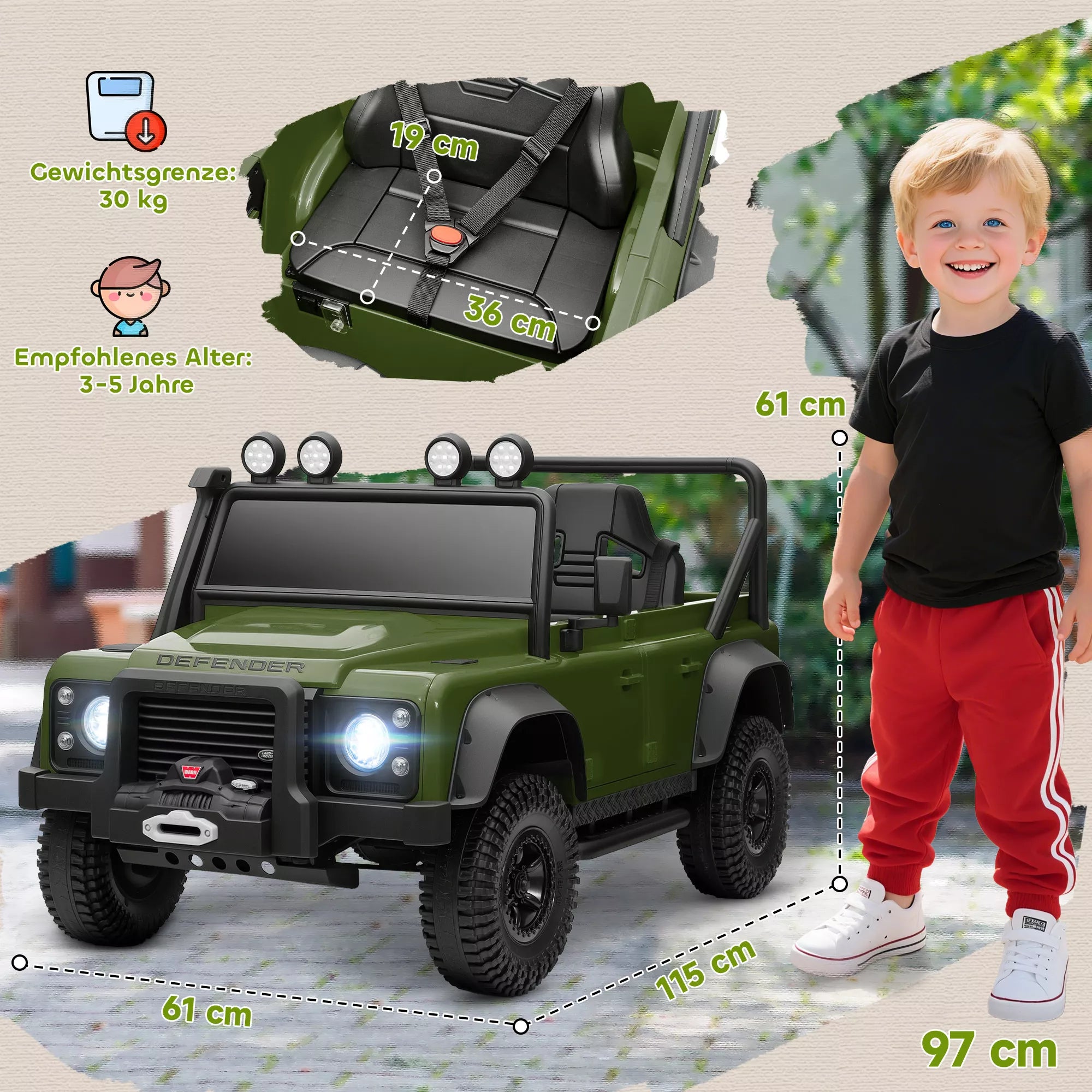 Vaikiškas elektromobilis Land Rover Defender, 37–60 mėn. vaikams, žalias