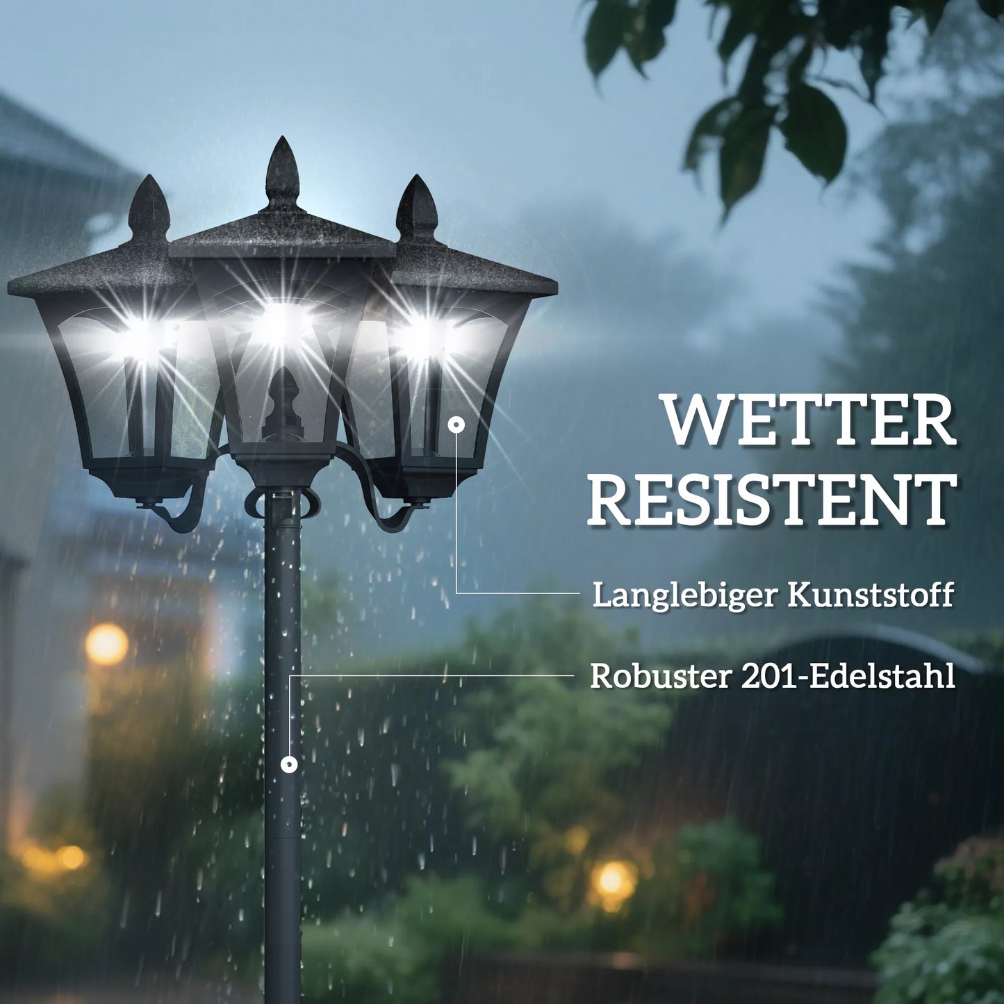 Saulės sodo žibintas su 3 liepsnų dizainu, nerūdijančio plieno stiebas, saulės šviestuvas su LED, 120 liumenų, 51,5x47x182,5cm, kelio šviestuvas IP44, sodui, balkonui, juodas