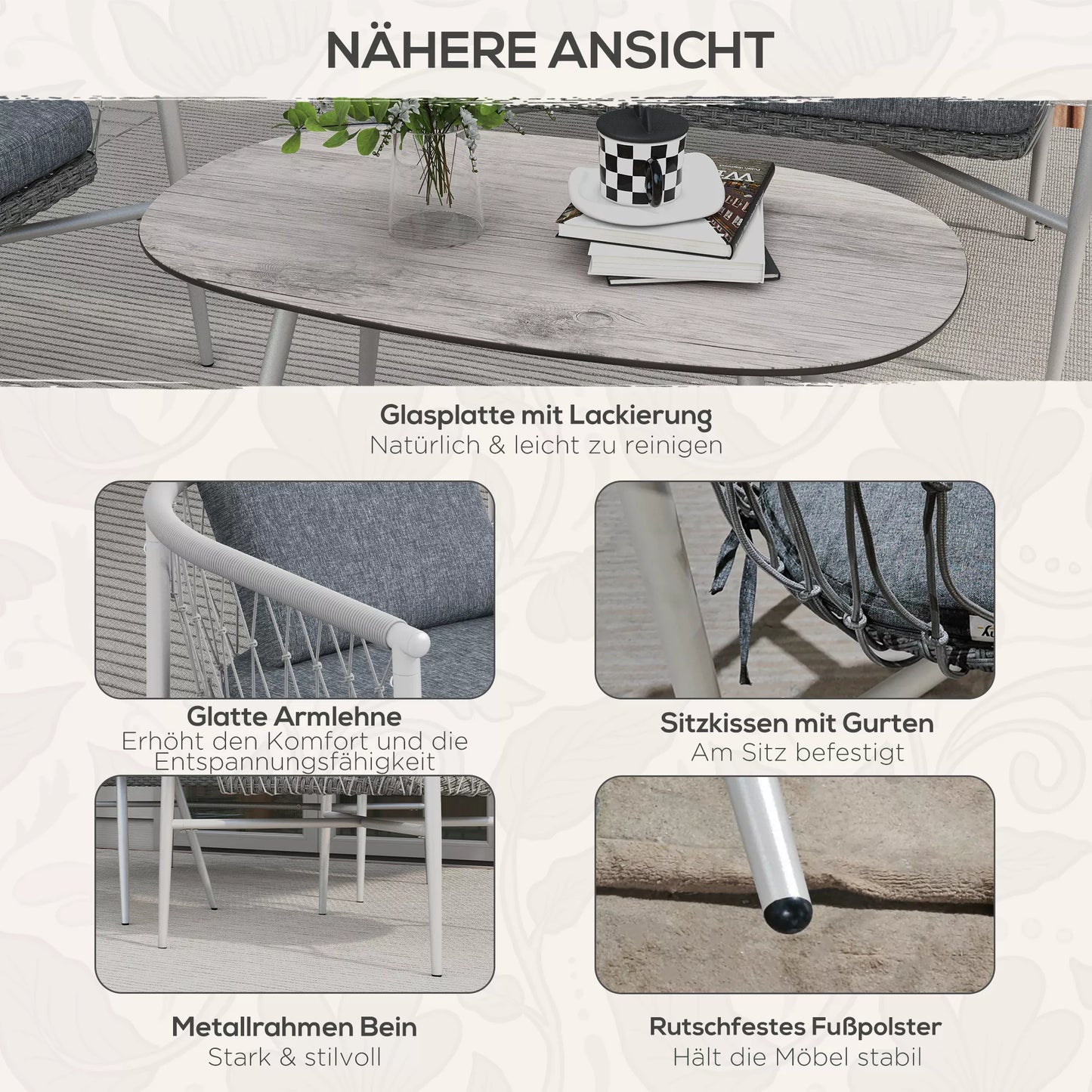 Sodo baldų komplektas, 4 dalių, supimosi funkcija, sėdimųjų pagalvių komplektas, poliratanas, metalinis rėmas, pilka