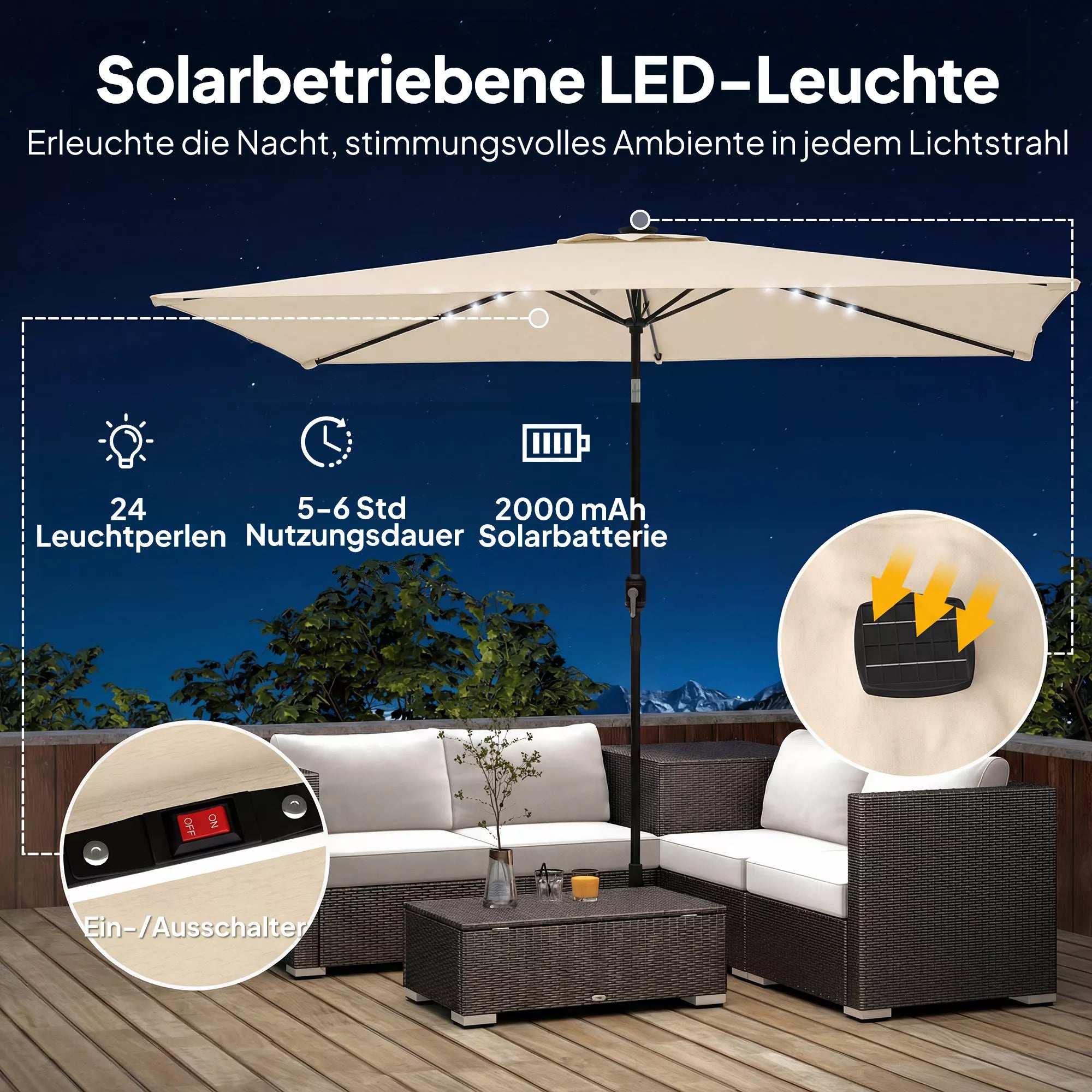 Saulės skėtis LED Solar, apie 300 x 200 cm, sulankstomas balkono skėtis su rankena, apsauginis apvalkalas, UV apsauga, pasukamas, kreminės baltos spalvos