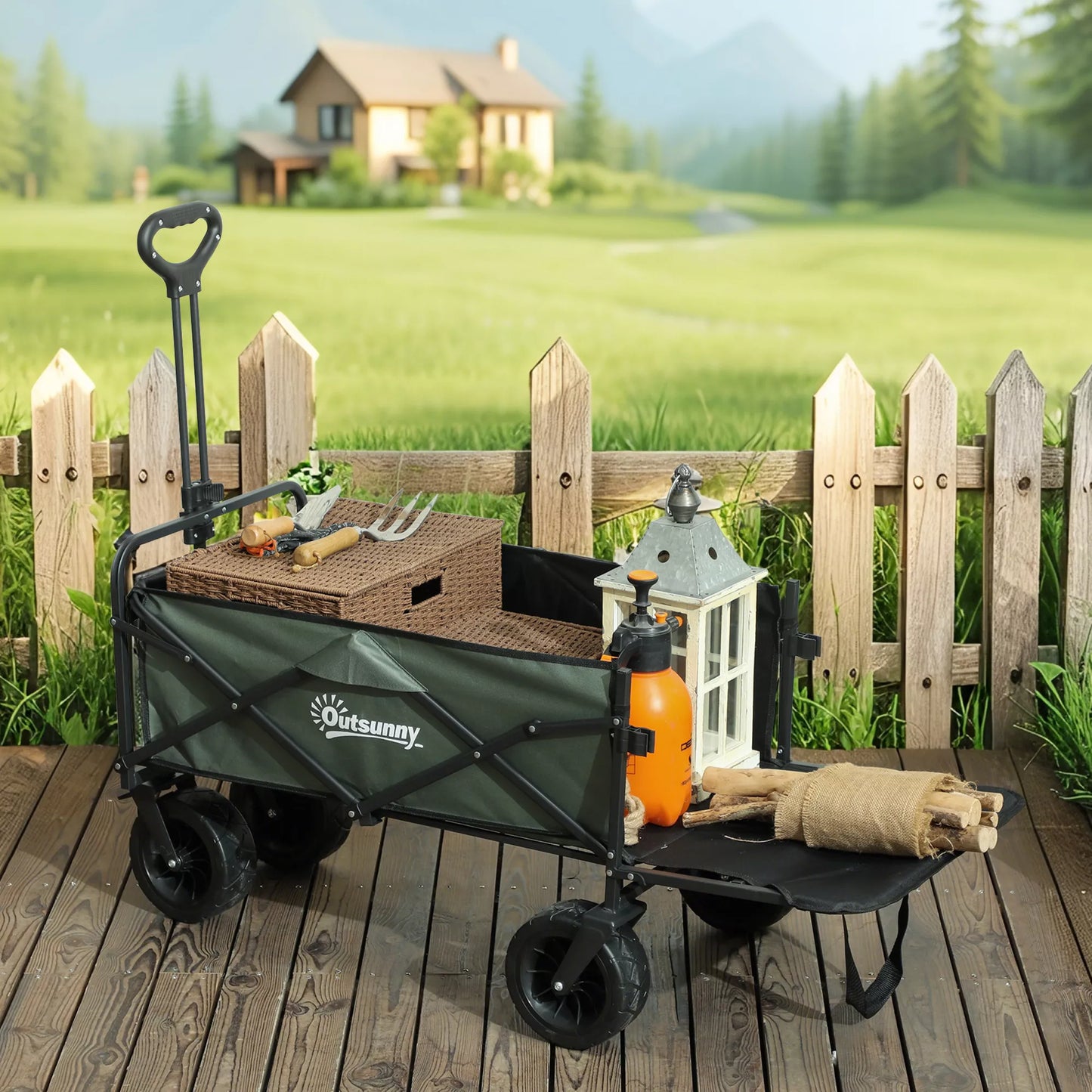 Outsunny Sodo vežimėlis, keliamosios galios 120 kg, sulankstomas transportavimo vežimėlis su nuimamu tentu, rankena, ratais 95 litrai žalias
