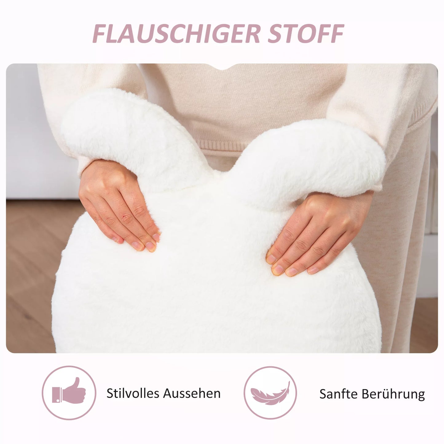 Minkšta kėdė su zuikio ausimis, ratukais, pasukama, dirbtinio kailio, balta