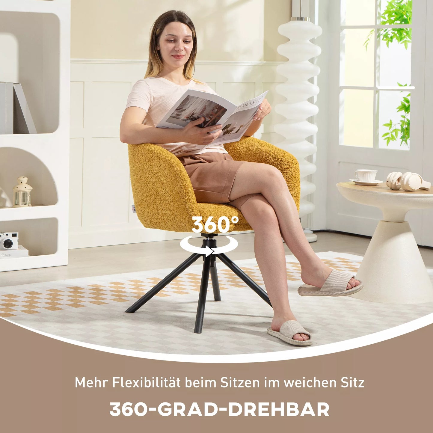 Fotelis, sukamasis krėslas su patogia sėdimąja dalimi, jaukus apmušalas, iki 120 kg, geltonas