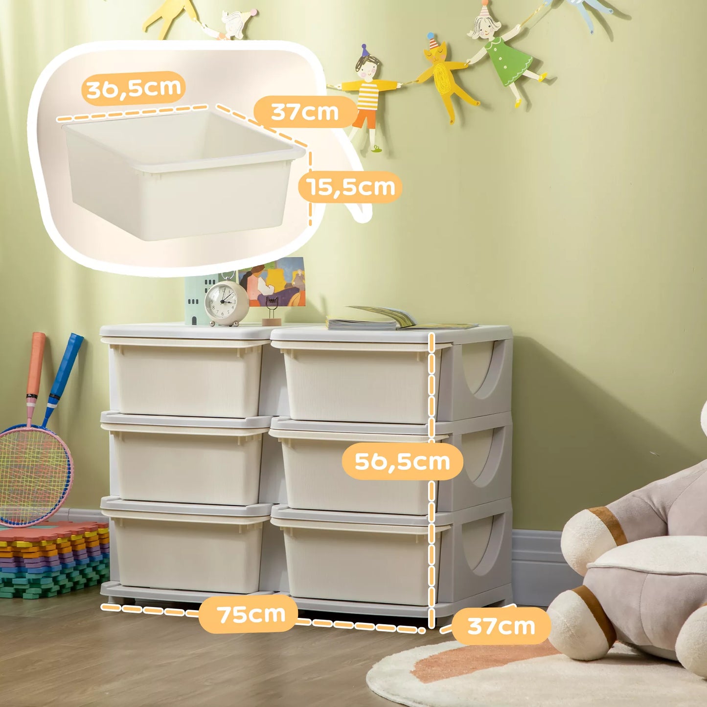 Vaikiška laikymo dėžė su 3 stalčiais, balta