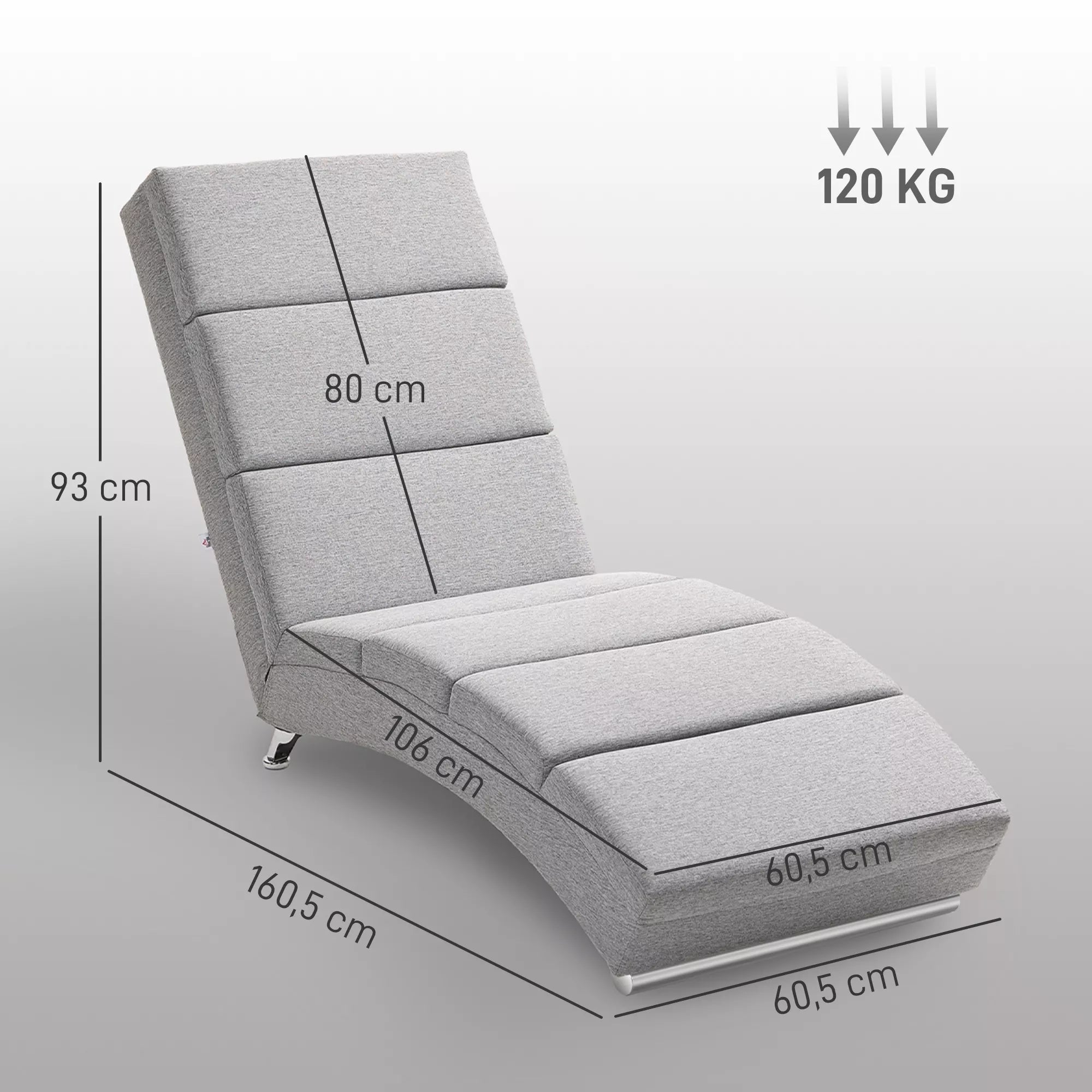 Matmenų schema: chaiselongue fotelis 160,5 cm ilgas, 80 cm plotis, 93 cm aukštas, iki 120 kg