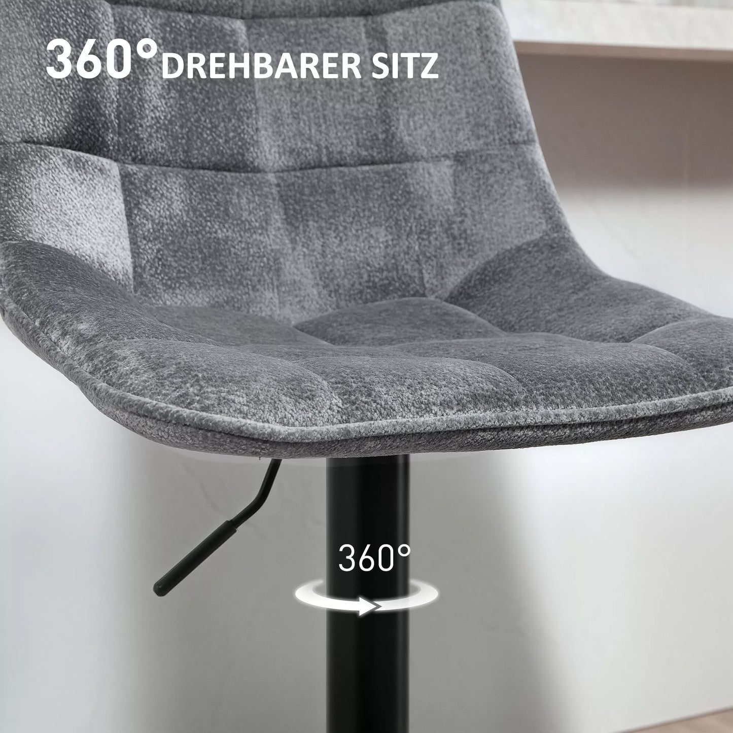 Modernus baro taburetės komplektas, 2 vnt. sukamos baro kėdės su atlošu, reguliuojamo aukščio, su atrama kojoms, minkštos, tamsiai pilkos