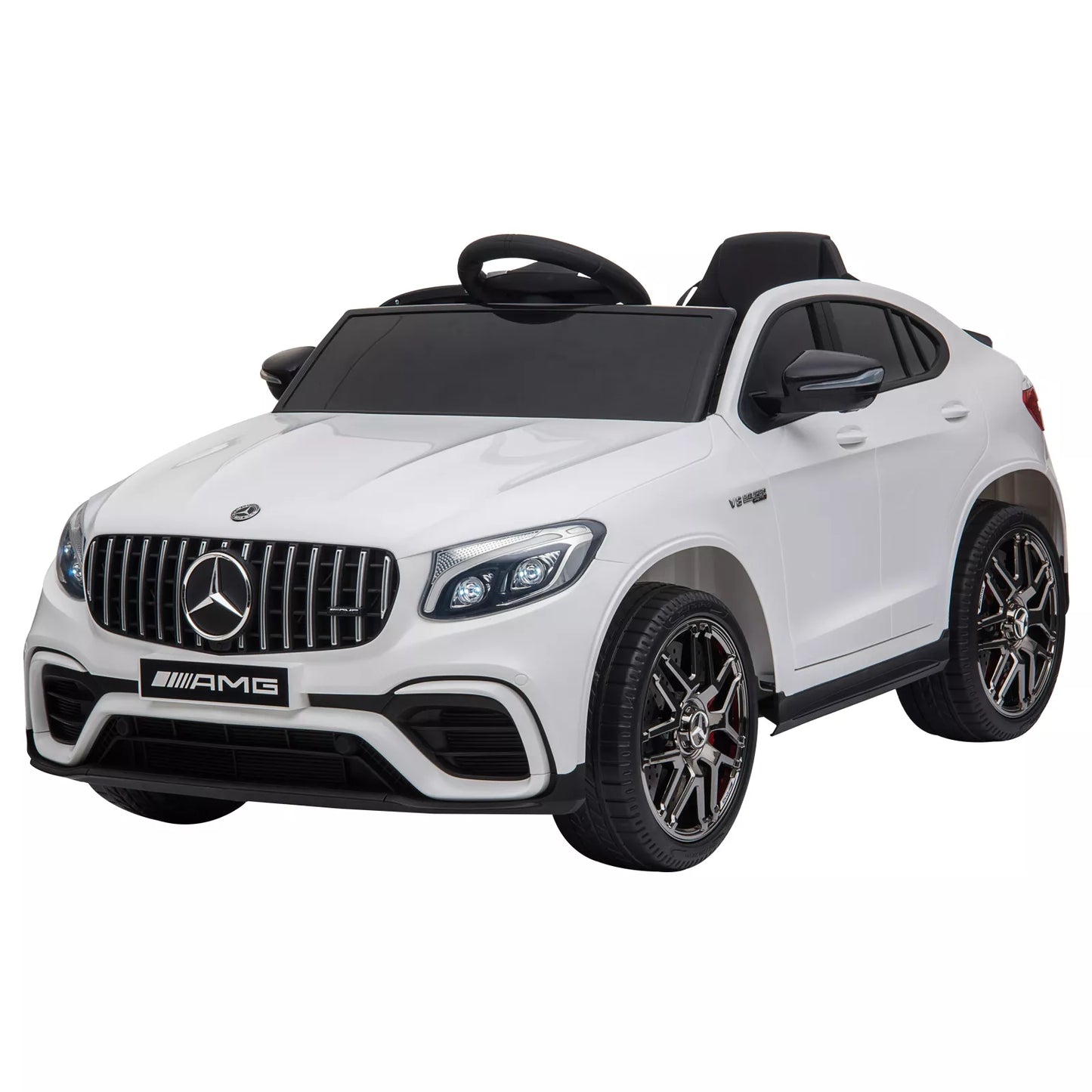 12V elektrinis automobilis vaikams Mercedes-Benz AMG GLC63S COUPE su nuotolinio valdymo pultu, saugos diržu, 2 x 35W varikliais, MP3 grotuvu. Rekomenduojama 37-60 mėn. Spalva: balta. Matmenys: 115 x 70 x 55 cm