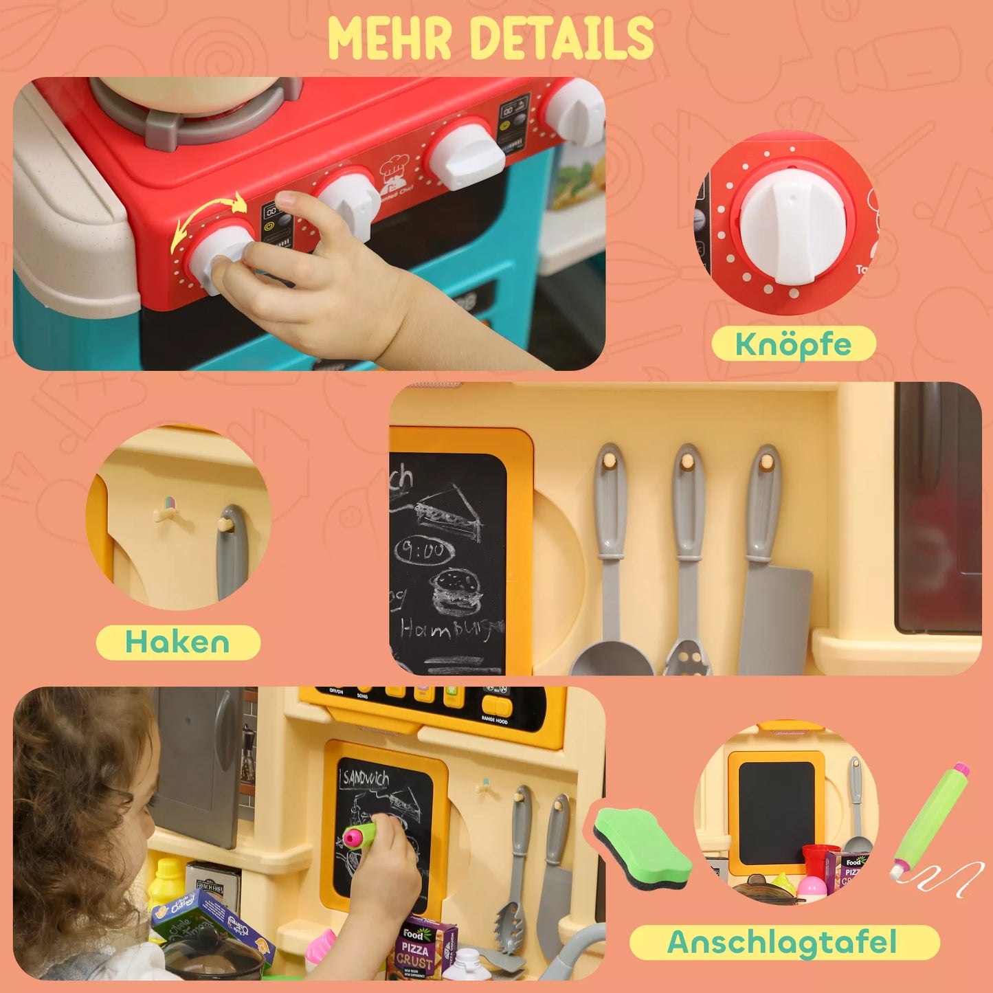 Žaislinė virtuvėlė su tekančiu vandeniu, 85 priedai, elektrinis maišytuvas, šviesos, garsai, vaikams nuo 3-6 metų, plastikas, žalia