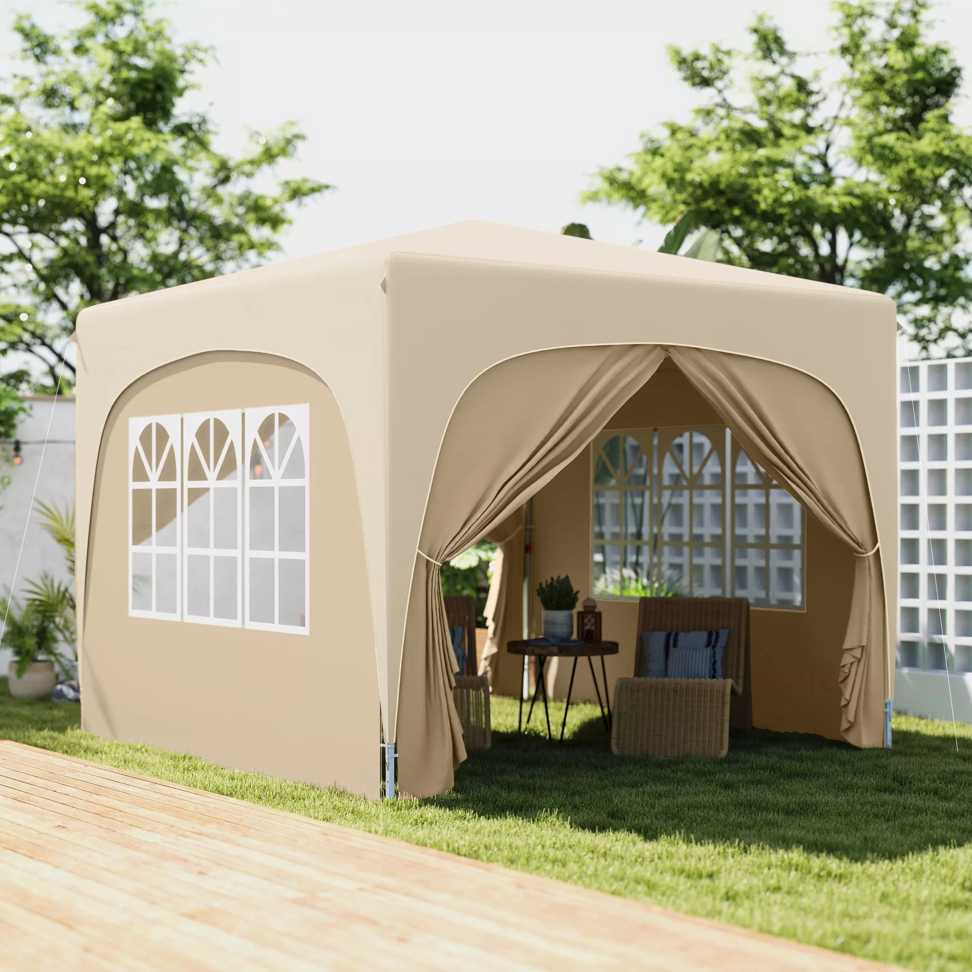 3 x 3 m Paviljonas, išskleidžiamas sodo palapinė su šoniniais sienelėmis ir nešiojimo krepšiu, UPF50+, reguliuojamas aukštis, smėlio