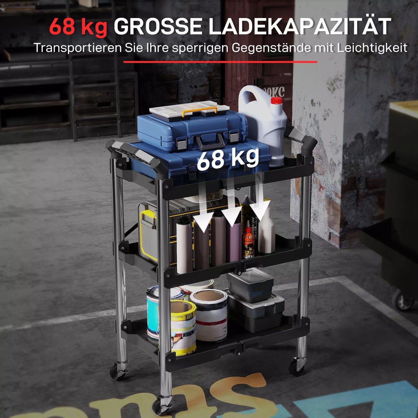 Sulankstomas 3 pakopų vežimėlis įrankiams, plastikas, plienas, juodas