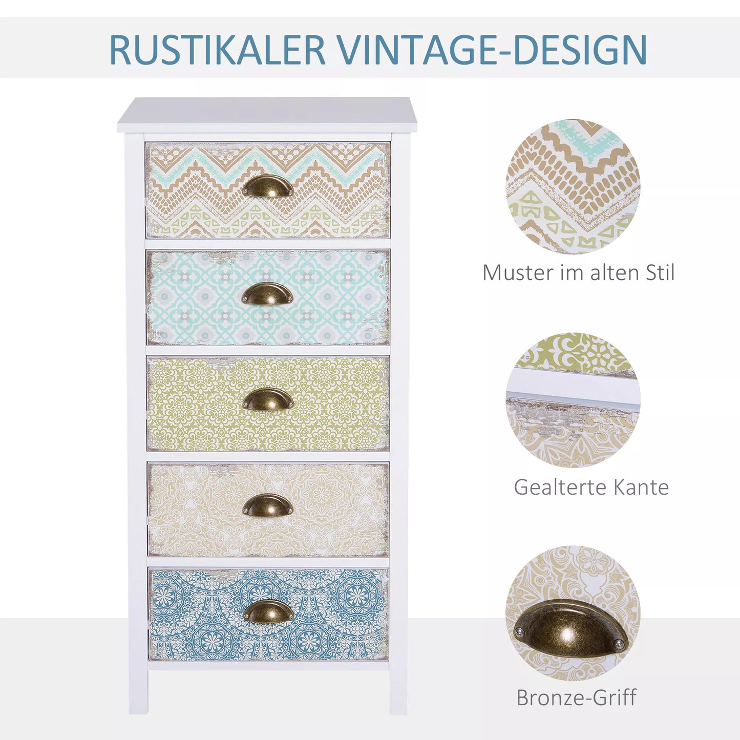 Komoda su stalčiais Siedeboard, modernaus dizaino, 5 stalčiai, 46 cm x 34 cm x 97,5 cm, Spalvota