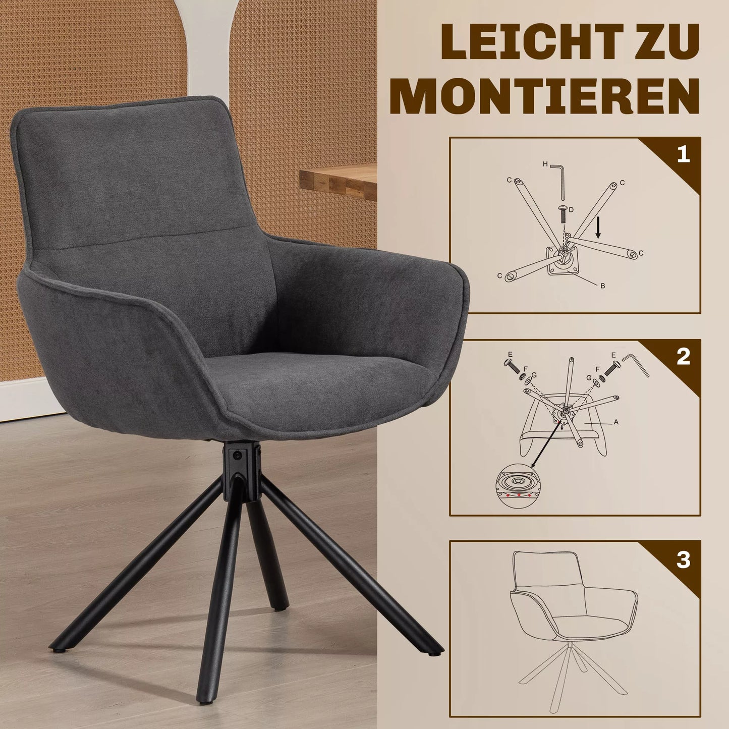 2 vnt. rinkinys Valgomojo kėdės, sukančios, minkštai paminkštintos, su porankiais, metaliniu pagrindu, tamsiai pilkos