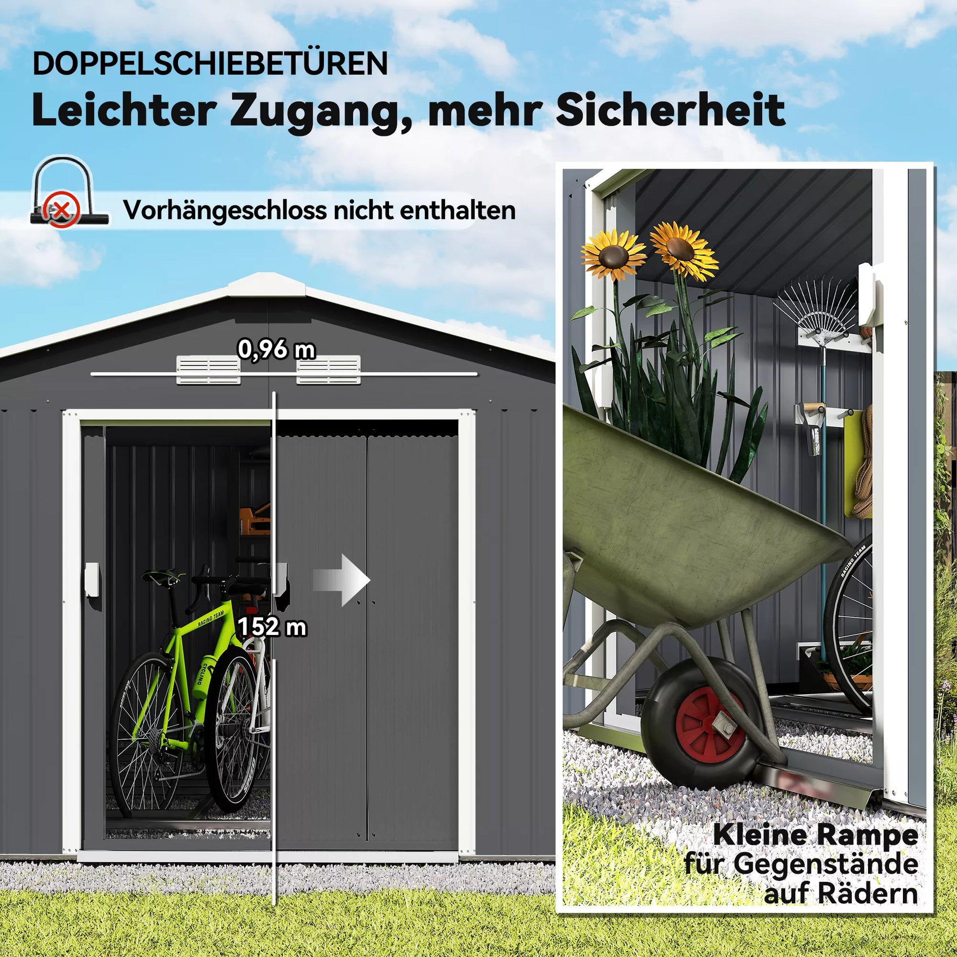 Įrankių sandėliukas, atsparus atmosferos poveikiui sodo namelis sodo įrankiams, su ventiliacijos langais, stumdomomis durimis, plieninis, anglies pilkos spalvos