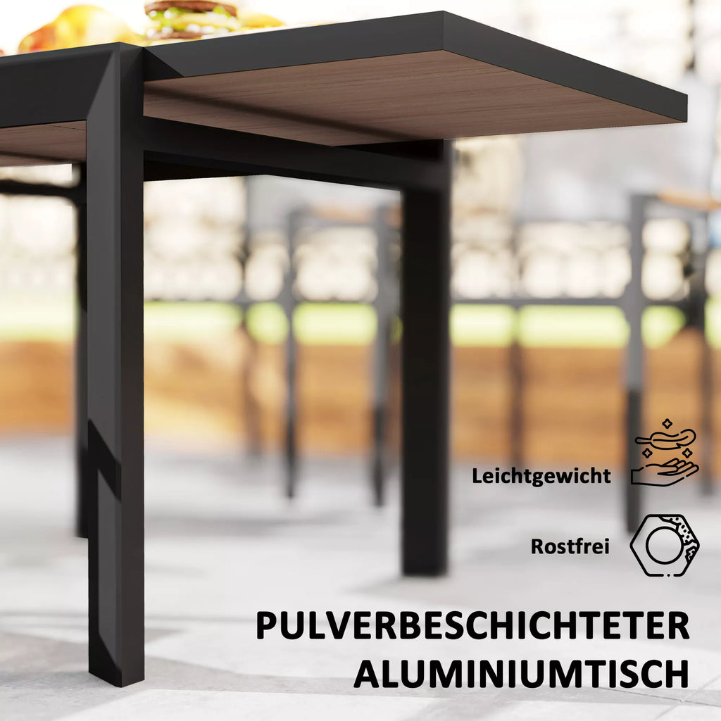 Sodo stalas Ištraukiamas aliuminis 80/160x80 cm Atsparus oro sąlygoms Balkono stalas 6 asmenims Natūralus medis