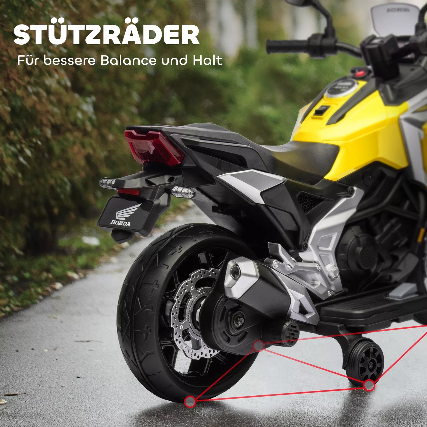 Elektrinis vaikiškas motociklas, Honda, 3 km/h, su muzika ir šviesomis, 3-6 metai, iki 30 kg, geltonas