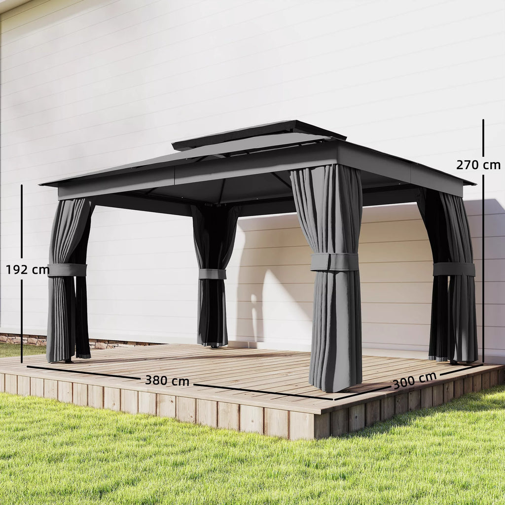 Paviljonas 3,8 x 3 m, atsparus vandeniui, stabilus, atsparus žiemai, su dvigubu stogu, užuolaidomis, moskitine tinklele, kabliais, tamsiai pilkos spalvos.