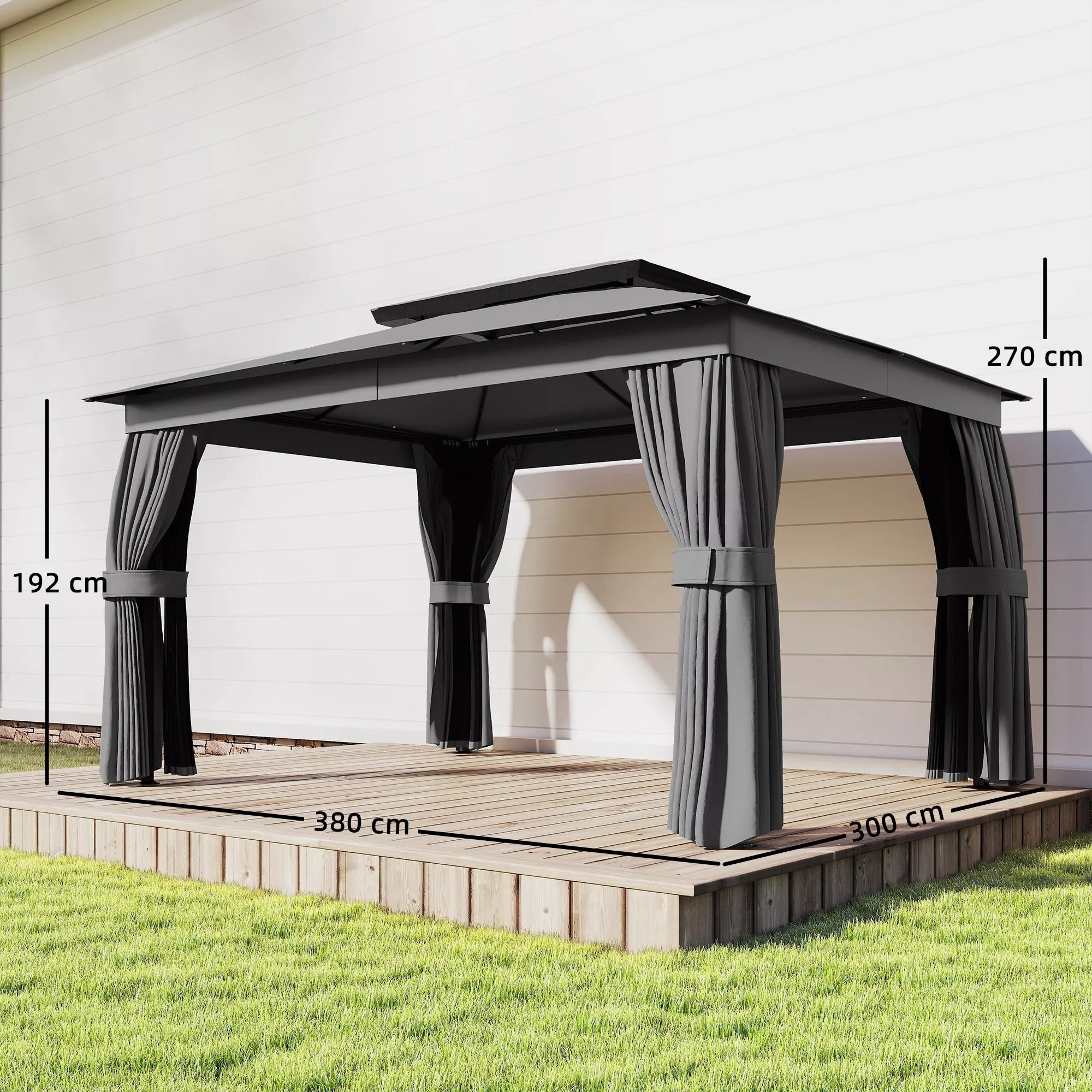 Paviljonas 3,8 x 3 m, atsparus vandeniui, stabilus, atsparus žiemai, su dvigubu stogu, užuolaidomis, moskitine tinklele, kabliais, tamsiai pilkos spalvos.