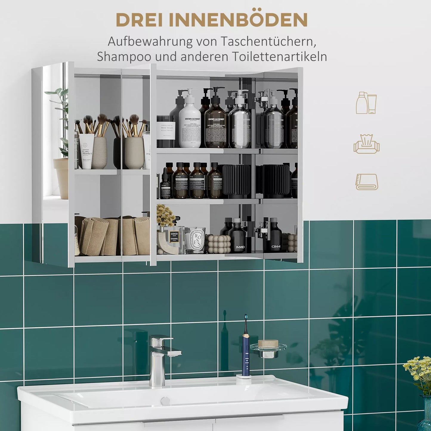 kleankin Vonios spintelė su veidrodžiu, 3 veidrodinės durys, 5 vidinės lentynos, nerūdijantis plienas, spalva: sidabrinė, 70 x 12 x 55 cm