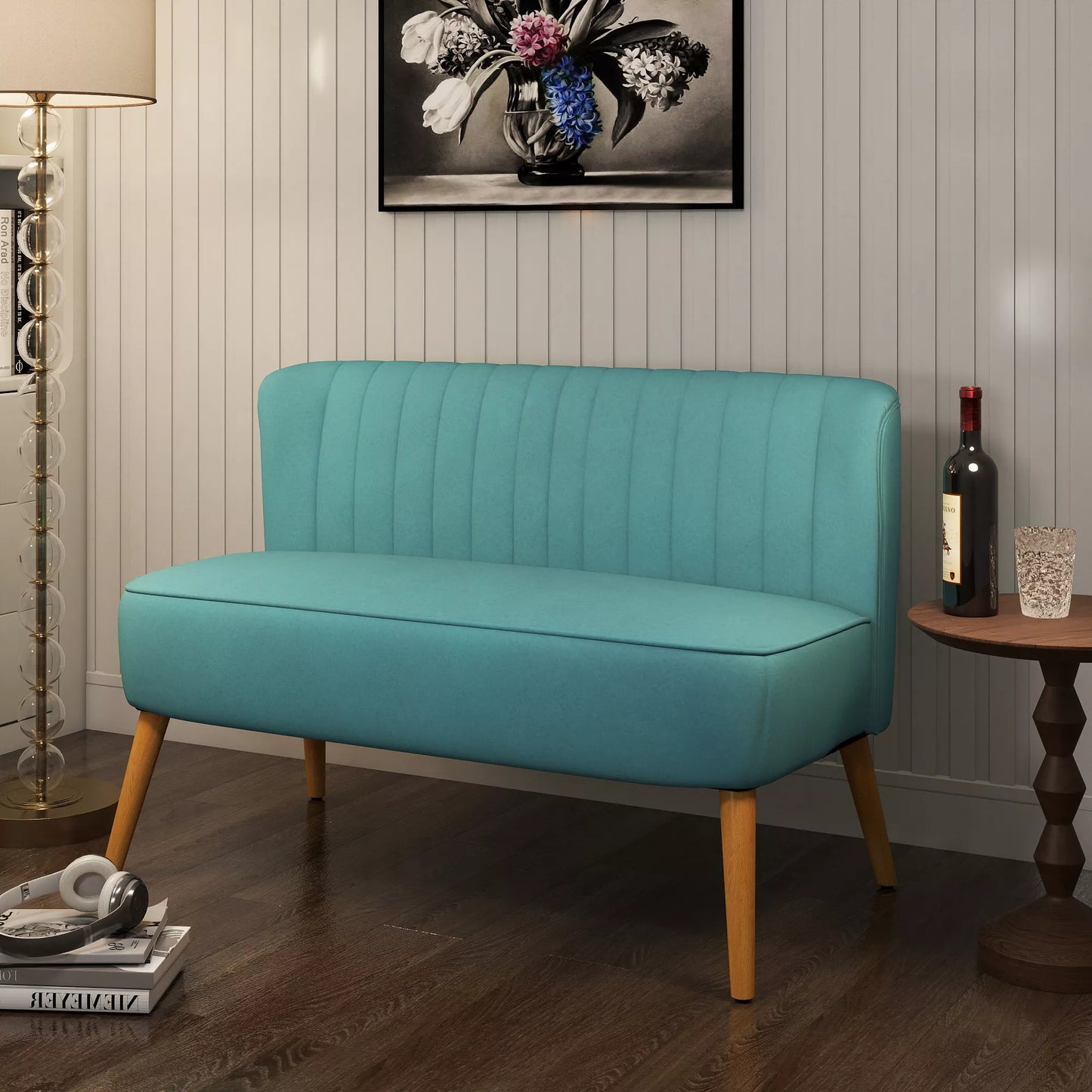 Retro dizaino dviejų vietų sofa su medinėmis kojelėmis, 117 cm x 56,5 cm x 77 cm, žalia