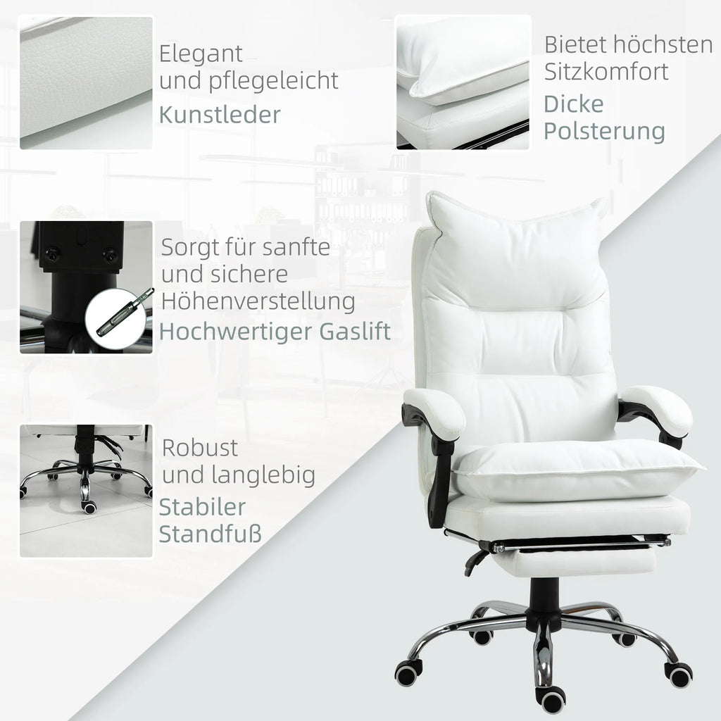 Biuro kėdė su atlošimo funkcija, ergonomiškai reguliuojamas aukštis, su atrama kojoms, paminkštinta, atlaiko iki 135 kg svorį, 66 x 72 x 122–130 cm, balta