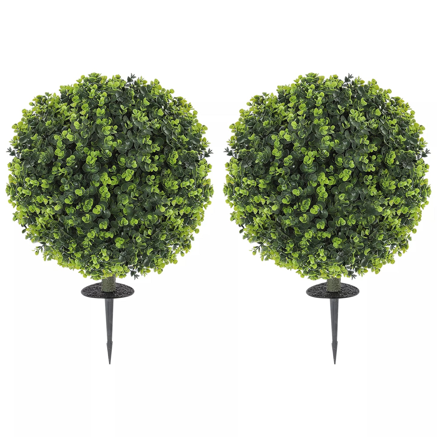 2 vnt. rinkinys. Dirbtinio buksmedžio rutuliai su kuoliuku įsmeigti į žemę, skirti naudoti viduje ir lauke, atsparūs UV spinduliams, žali.