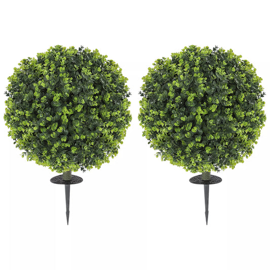 2 vnt. rinkinys. Dirbtinio buksmedžio rutuliai su kuoliuku įsmeigti į žemę, skirti naudoti viduje ir lauke, atsparūs UV spinduliams, žali.