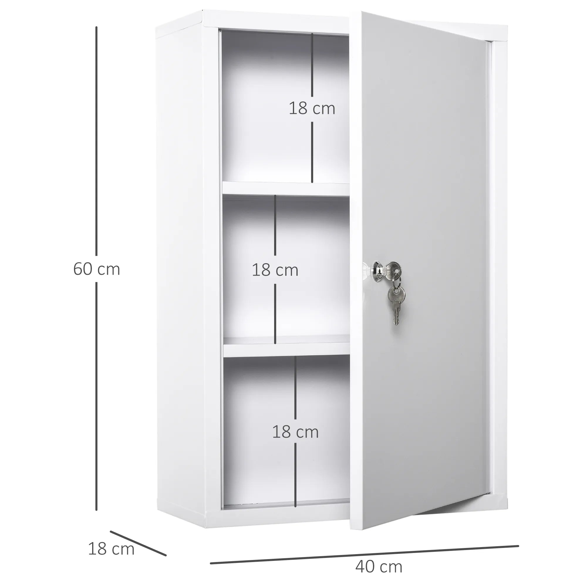 Medicinos spintelė Vaistų spintelė vaistams laikyti, užrakinama Vaistų spintelė iš metalo su 3 skyreliais Pirmosios pagalbos spintelė, 40 x 18 x 60 cm, balta