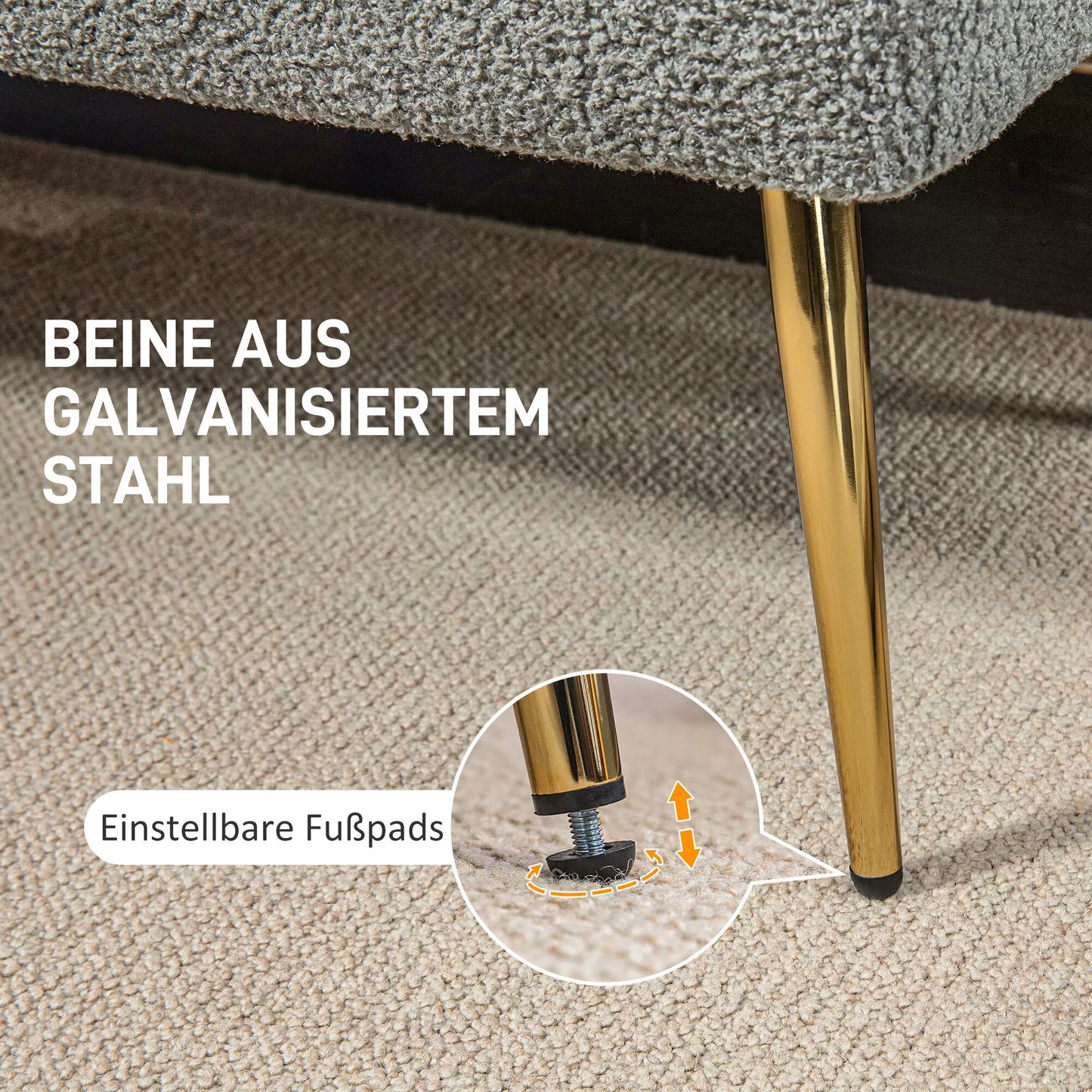 Lovos suoliukas, minkštas avies vilnos optikos užvalkalas, iki 120 kg, paauksuotos plieninės kojelės, 112x41x46cm, pilkos spalvos