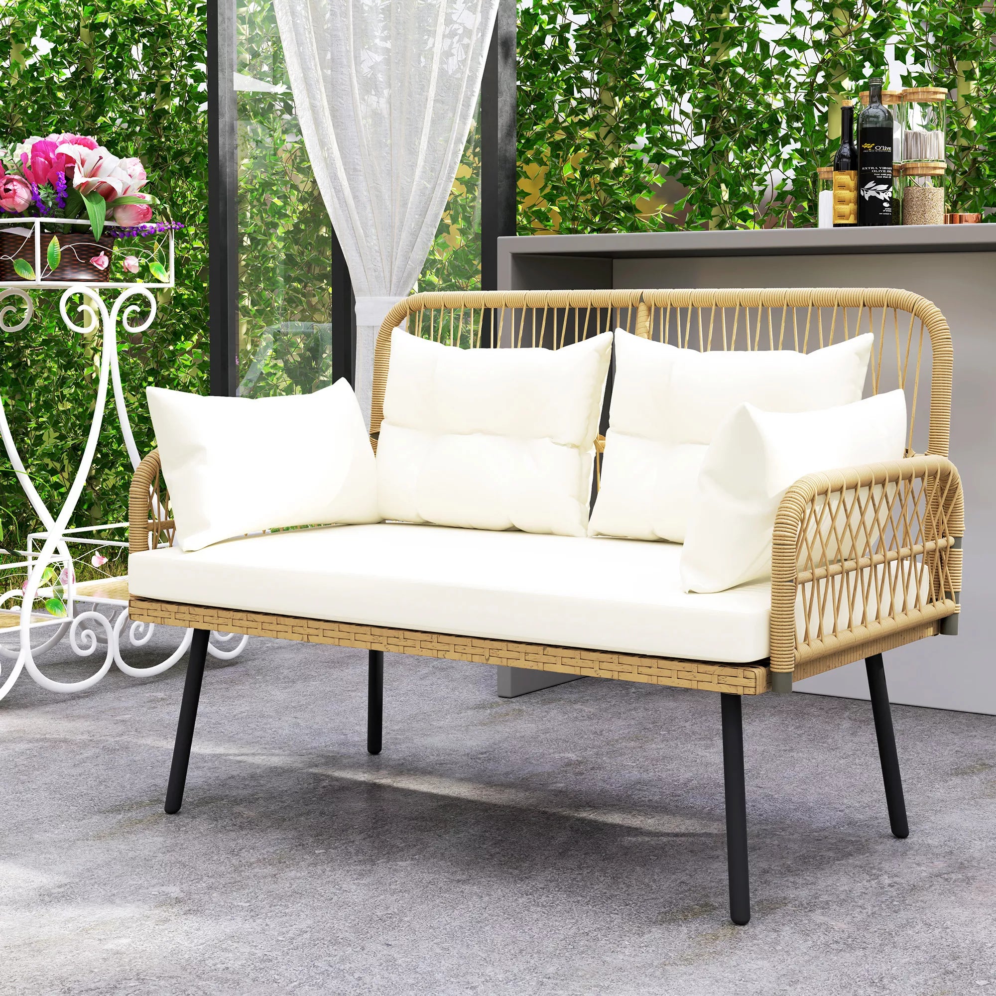 Lauko sofa su pagalvėlėmis, dvivietė sofa balkonui, boho, ratanas ir plienas, 115x61x82 cm, natūralaus medžio spalva,