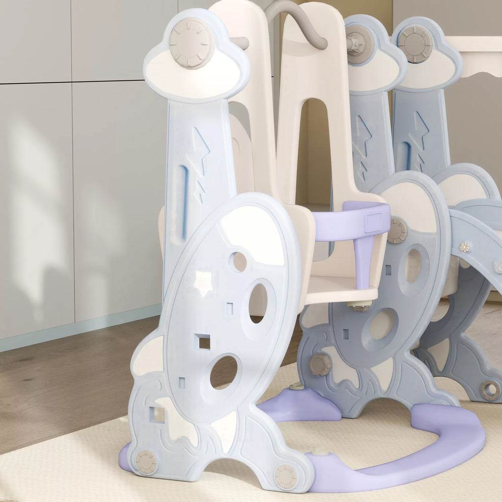 4-in-1 vidaus žaidimų aikštelė, čiuožyklos ir sūpynių rinkinys mažiems vaikams, krepšinio lankas, raketės dizainas, plastikas, šviesiai mėlyna spalva