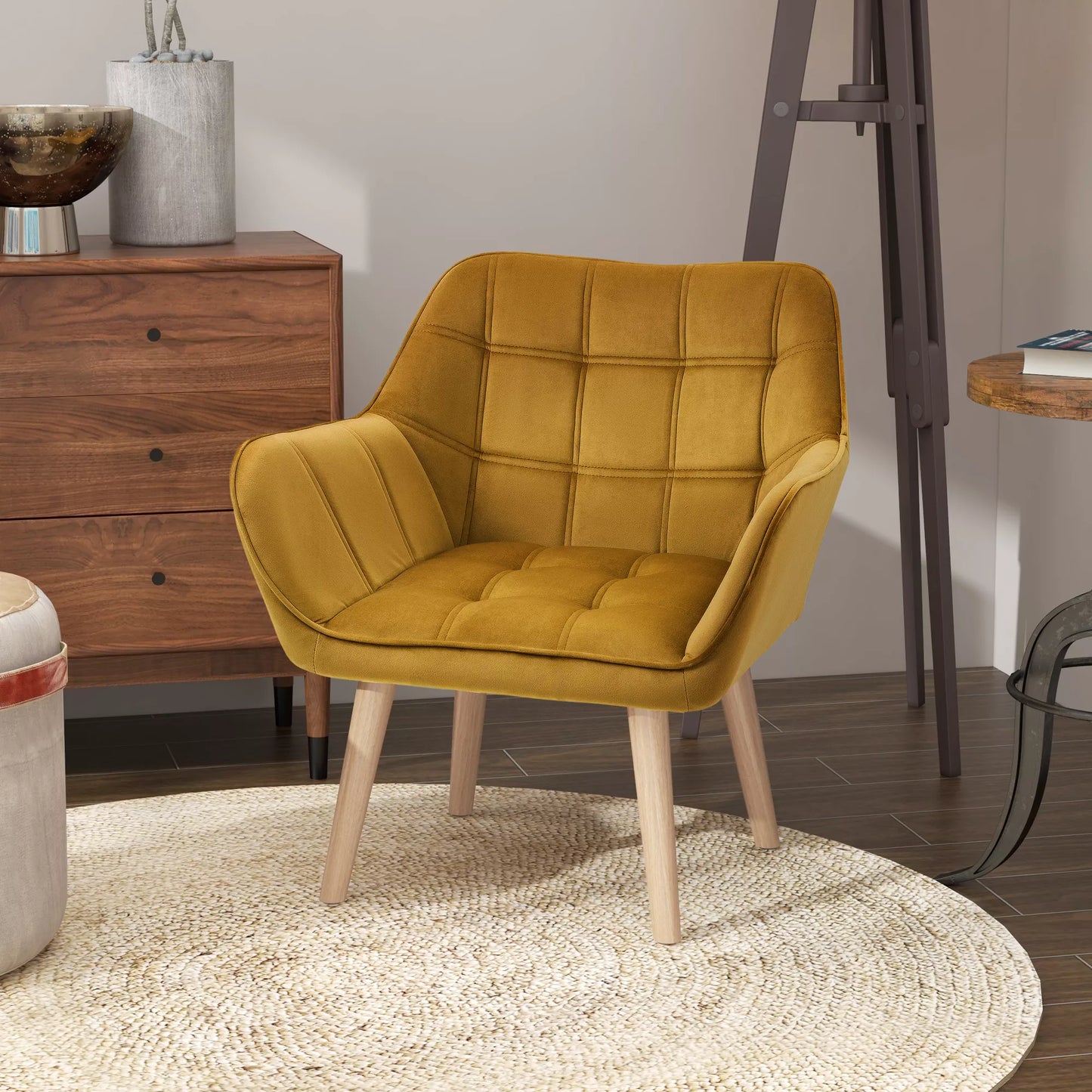 Apmuštasis fotelis, akcentinis fotelis, skandinaviško dizaino, aksomo išvaizdos, iki 120 kg, guminio medžio kojelės, geltonas
