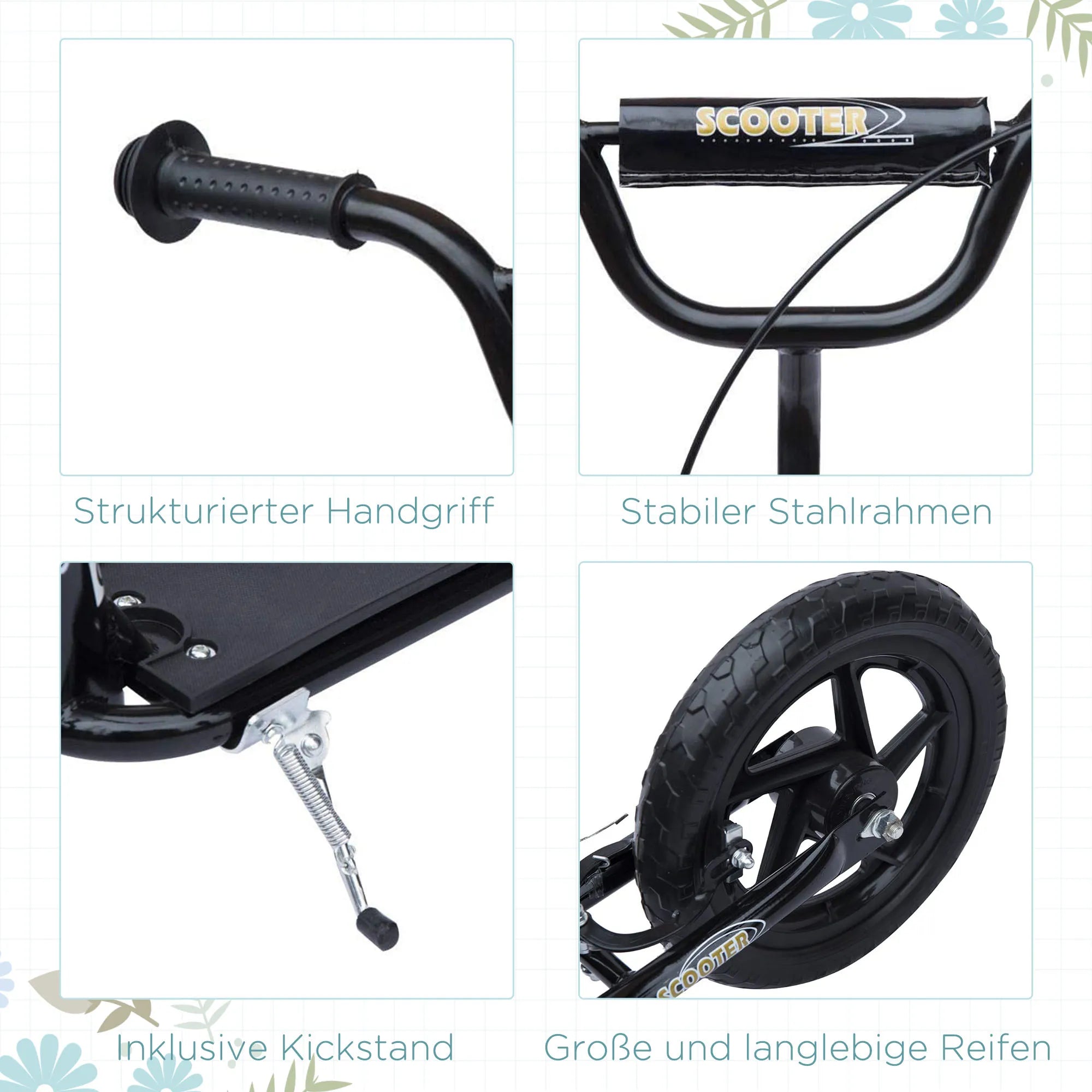 Vaikų paspirtukas su galiniu stabdžiu Kickscooter 12 colių paspirtukas Roller Scooter Cityroller vaikams Kickboard Reguliuojamas aukštis Plienas EVA Juodas 120 x 52 x 80-88 cm